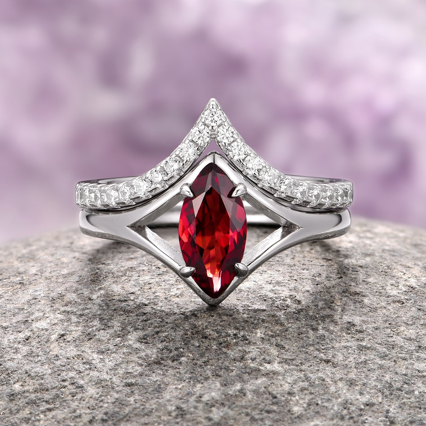 Natural Red Garnet Marquise Ring Set in Sterling Silver - Elegant Jewelry for Women, Perfect for Weddings, Anniversaries & Special Occasions