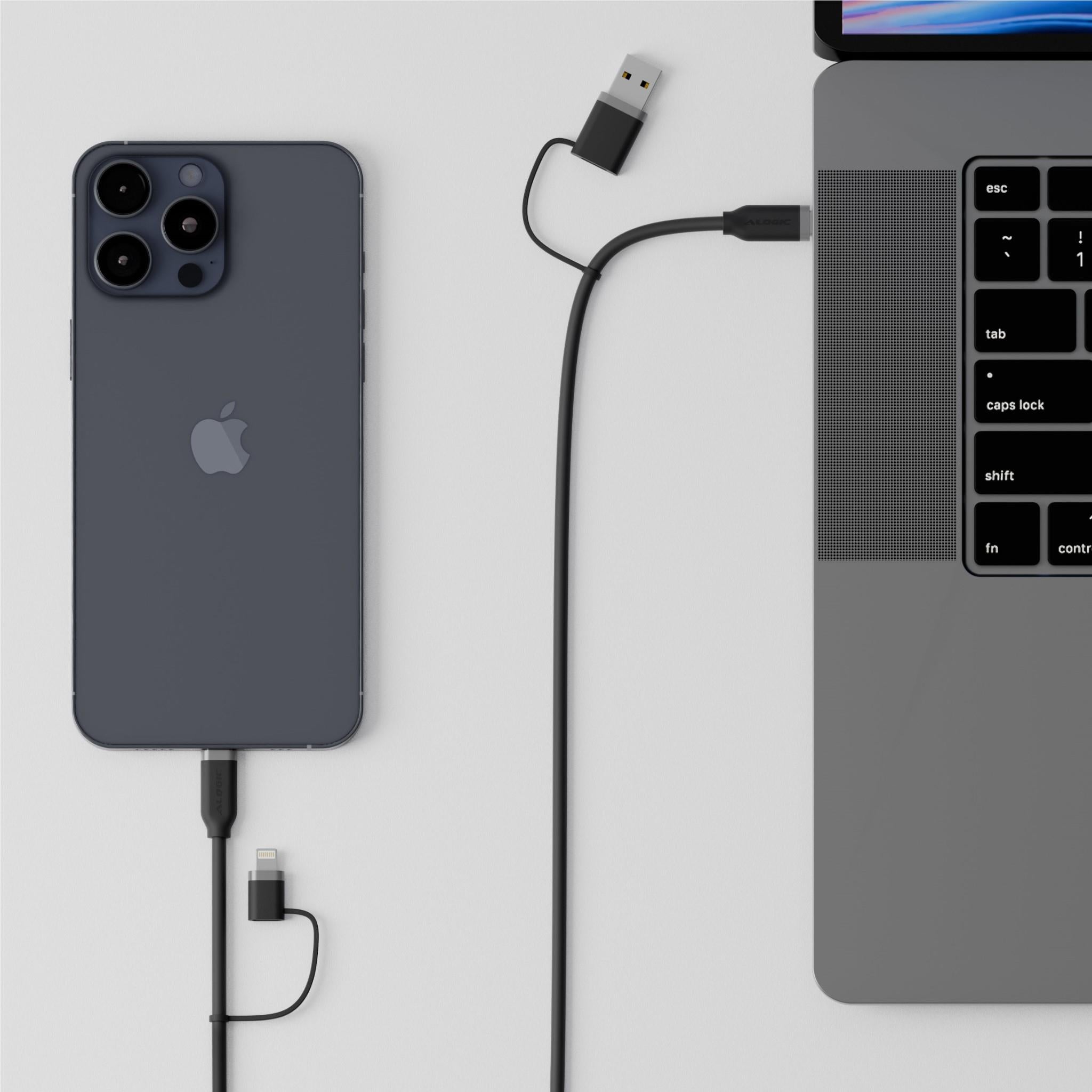 ALOGIC Elements Silicone Archer 4-in-1 100W Fast Charging USB 2.0 Cable - 1.5m Braided Charger Cord for iPhone, Android, iPad, MacBook (Black) - Perfect for Home, Office & Travel Charging