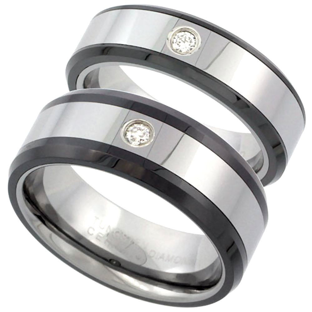 Sabrina Silver 2-Ring Set 6mm & 8mm Tungsten Diamond Wedding Band for Him & Her - Black Ceramic Beveled Edges, Comfort Fit Sizes 5-13 - Perfect for Anniversaries, Engagements and Couple Jewelry Gifts