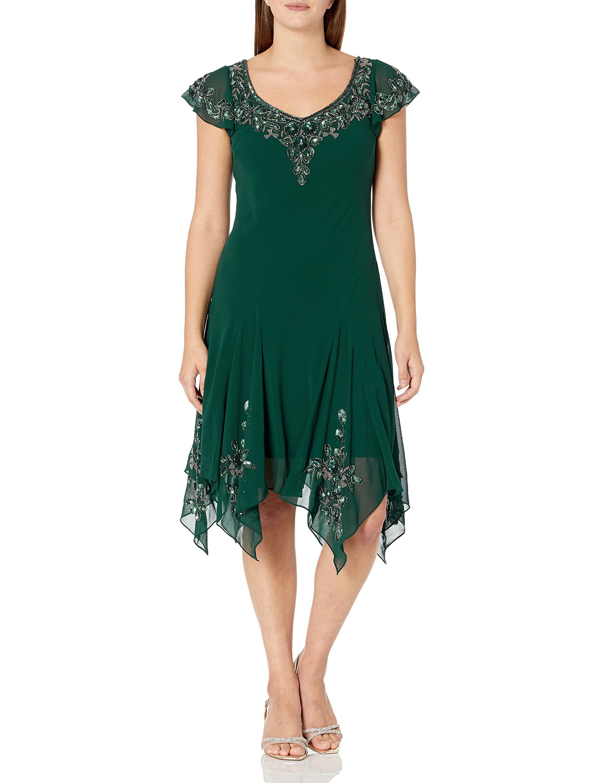 J Kara Women's Plus Size Petite Flutter Sleeve Hanky Hem Cocktail Beaded Dress - Elegant Party Wear for Weddings, Evening Events & Special Occasions