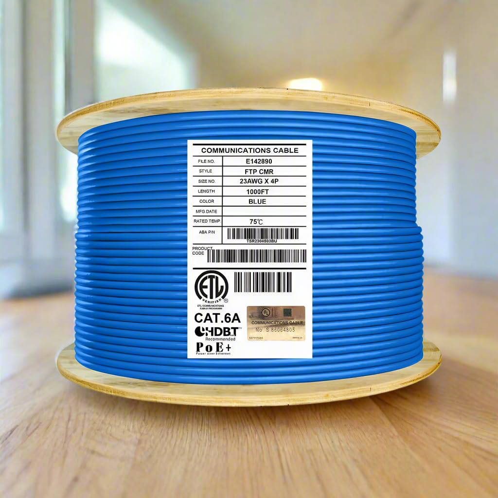 Elite Cat6A Shielded Riser (CMR) Ethernet Cable - 1000ft Bulk Reel, 23AWG Solid Bare Copper, 650MHz, 10Gbps Speed, UL Listed & UL-LP Certified, Enhanced PoE Performance - Blue | Ideal for High-Speed Networking, Data Centers, and Office Installations