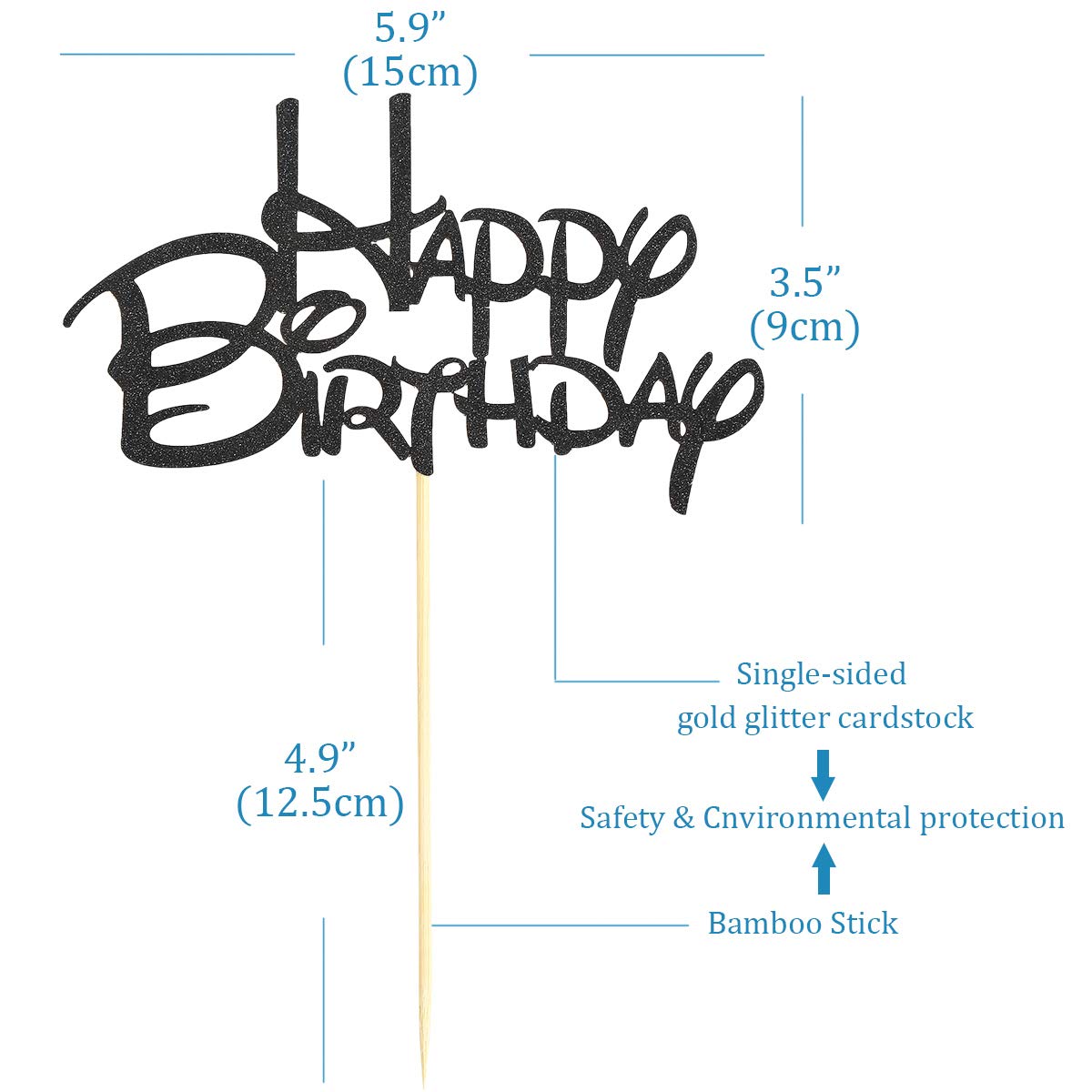 Black Glitter Happy Birthday Cake Topper - Premium Birthday Party Decoration Supplies for Cake Smash, Photo Booth Props & Black Paper Cake Topper Flags | Perfect for Birthday Parties, Baby Showers & Celebration Decorations