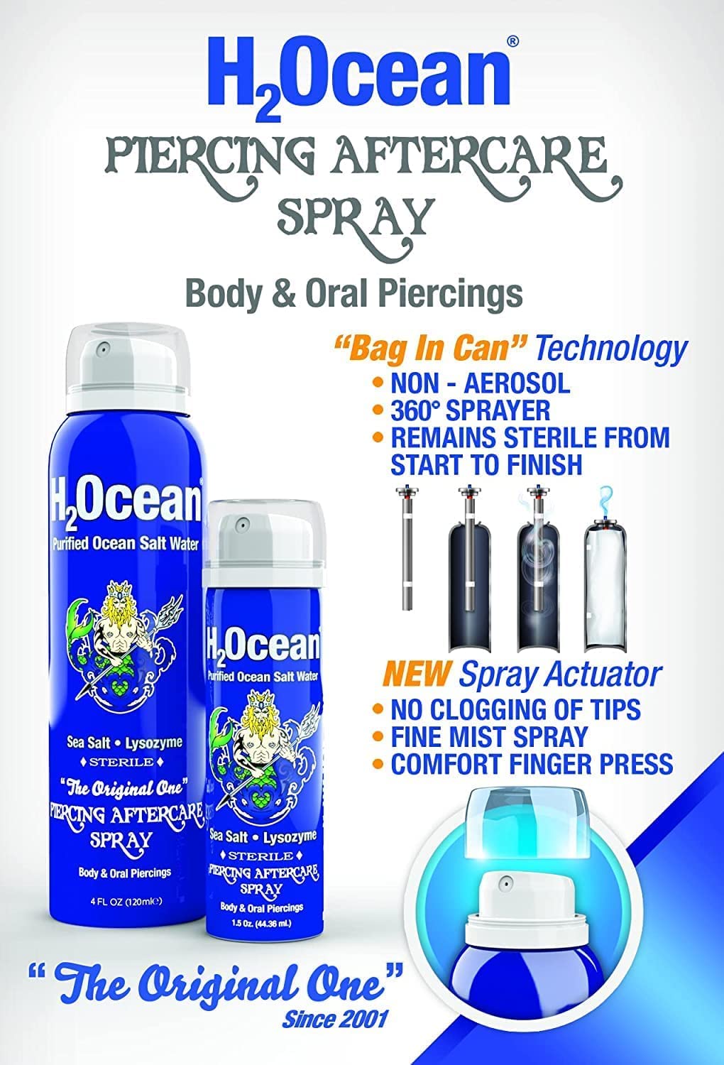 H2Ocean Piercing Aftercare Spray - Saline Wound Wash for Ear, Nose, Lip, Belly & Nipple Piercings - Sea Salt Cleaning Solution with Bump Treatment - 2 Pack - Perfect for New Piercing Care & Tattoo Aftercare