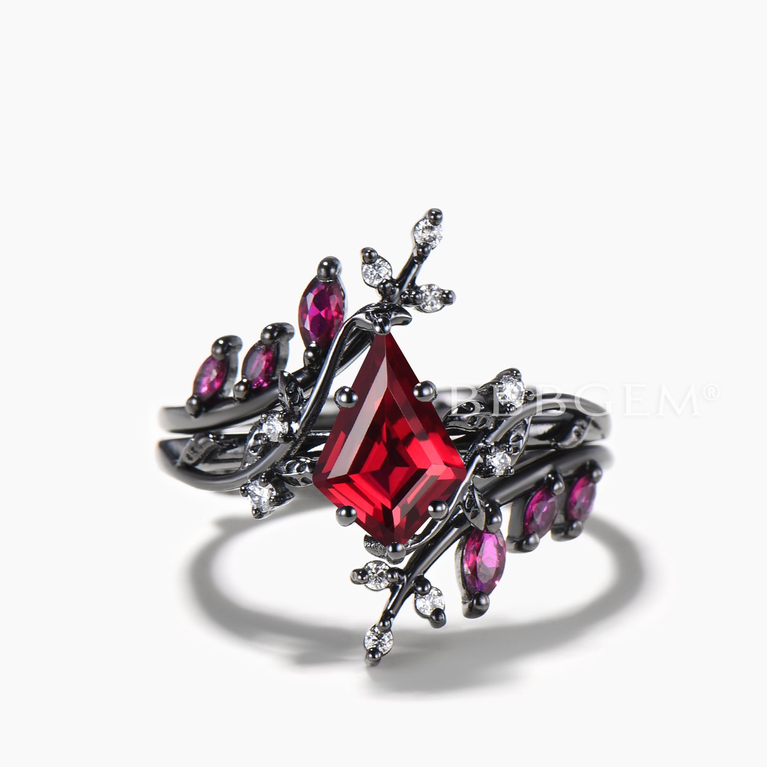 Exquisite Kite Cut Ruby Leaf Engagement Ring with Diamond Branch - Vintage Gothic Bridal Jewelry Set for Weddings, Anniversaries & Romantic Occasions