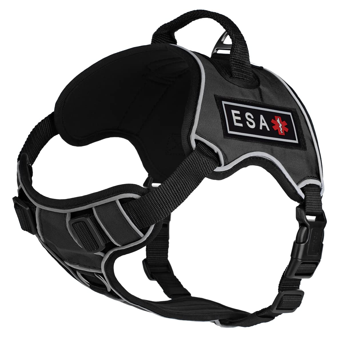 No-Pull Dog Harness with 3D Rubber ESA Patches - Reflective Soft Comfortable Vest, Quick Release Buckles & Handle (32-40 inches, Black) - Perfect for Walking, Training & Outdoor Adventures with Your Dog