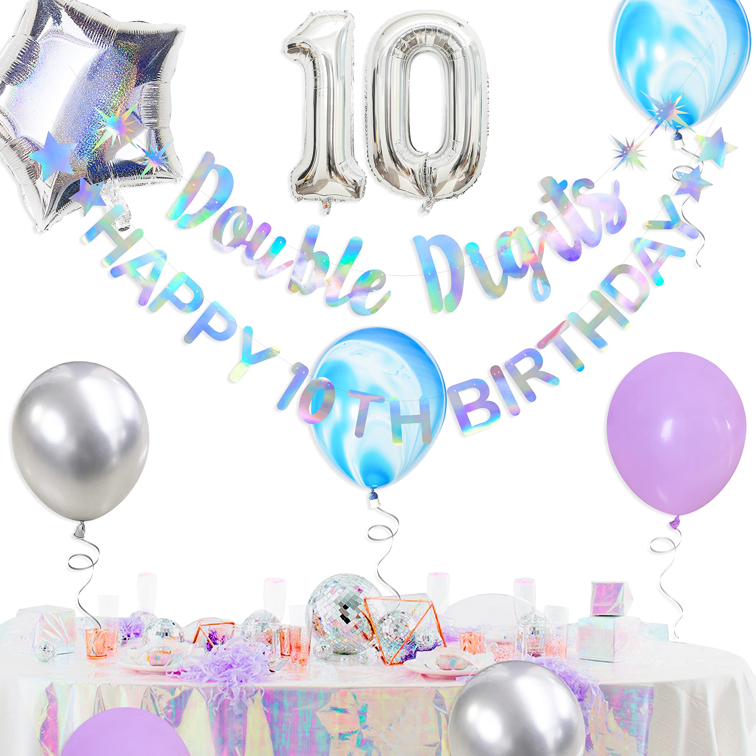 10th Birthday Banner Garland - Iridescent Double Digits Foil Balloon Decorations for Girls & Boys | Hanging '10 and Fabulous' Cheers to 10 Years Party Supplies | Perfect for Birthday Backdrops, Classroom Celebrations & Milestone Decor