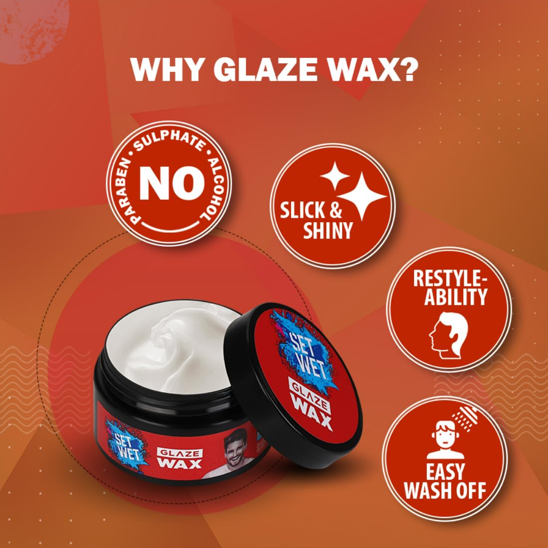 Set Wet Hair Wax For Men - Glaze Wax, 60g | Strong Hold & Healthy Shine Styling Wax, Restylable Anytime, Easy Wash Off | Paraben, Sulfate & Alcohol Free | Perfect for Daily Hairstyling, Parties & Professional Looks