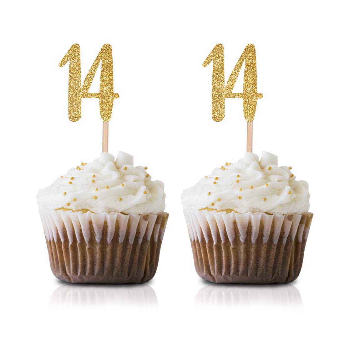 24-Pack Gold Happy 14th Birthday Cupcake Toppers with Glitter Number 14 - Perfect for Birthday Party Decorations, Sweet 16 Celebrations & Anniversary Cupcakes