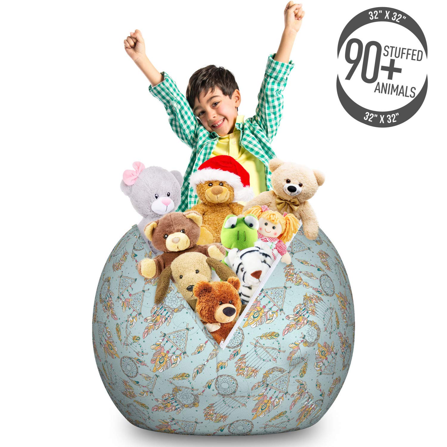 Ambesonne Boho Storage Toy Bag Chair - Large Washable Stuffed Animal Organizer with Abstract Circular & Triangular Dreamcatcher Pattern | Kids Room Decor, Playroom Storage, Nursery Organization