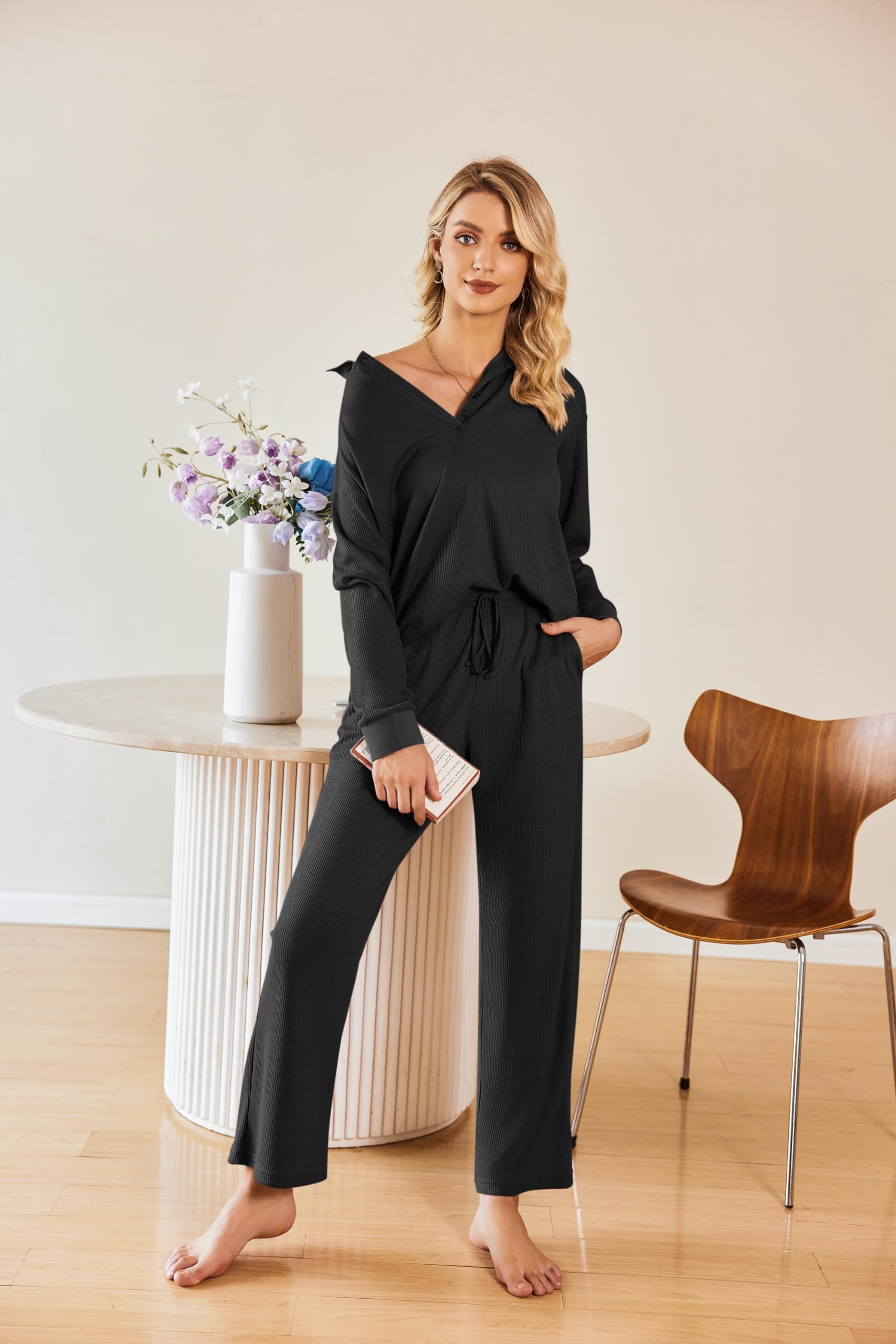 Ekouaer Women's Waffle Knit Pajama Set - 2 Piece Long Sleeve Button Down Top & Wide Leg Pants with Pockets | Soft Lounge Wear for Sleep, Relaxation & Home Comfort