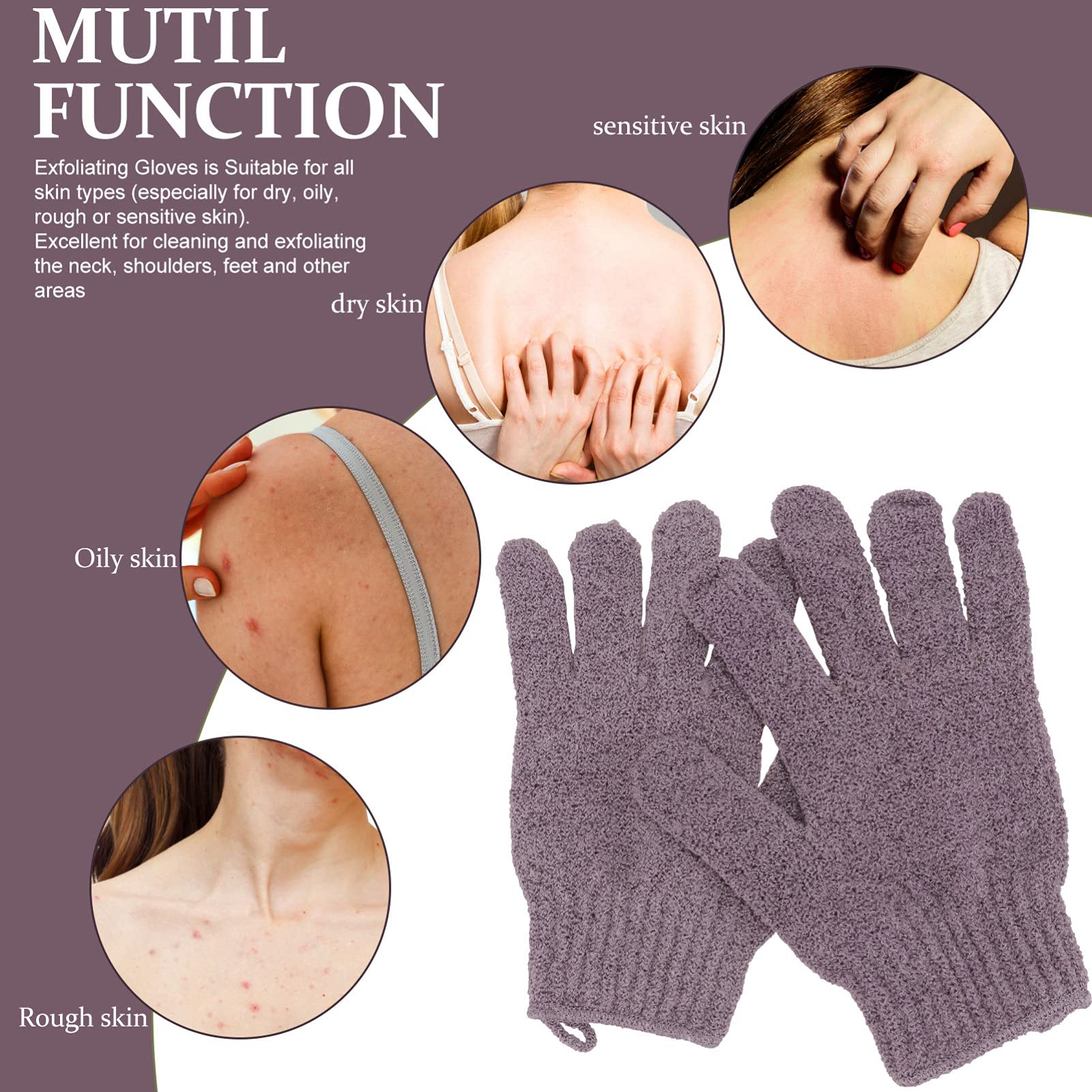 Lurrose 2-Pair Exfoliating Bath Gloves for Deep Cleansing & Smooth Skin - Soft Body Scrub Mittens for Shower & Spa (Purple) - Perfect for Dry Brushing & Dead Skin Removal
