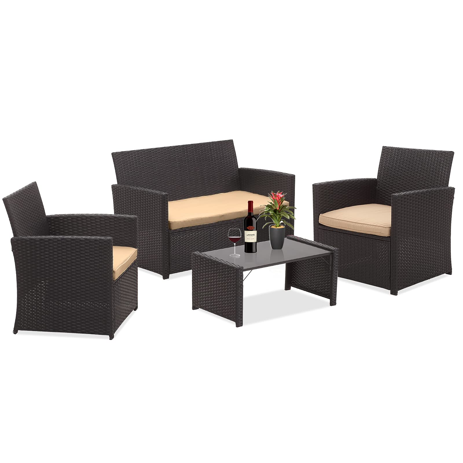 Saemoza 4-Piece Outdoor Patio Furniture Set with Wicker Frame & Tempered Glass Table - Black Wicker with Beige Cushions for Garden, Backyard, Poolside & Patio Relaxation