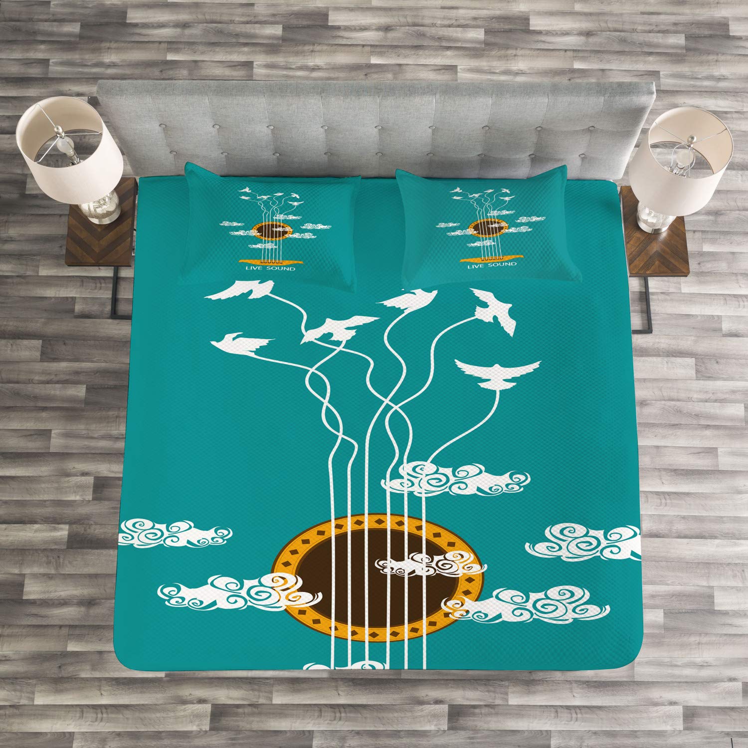 Ambesonne Guitar Bedspread Set - Abstract Music Theme with Birds on Strings & Clouds Design, 3-Piece Decorative Bedding Coverlet & 2 Pillow Shams, Queen Size, Turquoise Marigold White - Perfect for Music Lovers' Bedroom Decor & Bohemian Style Home