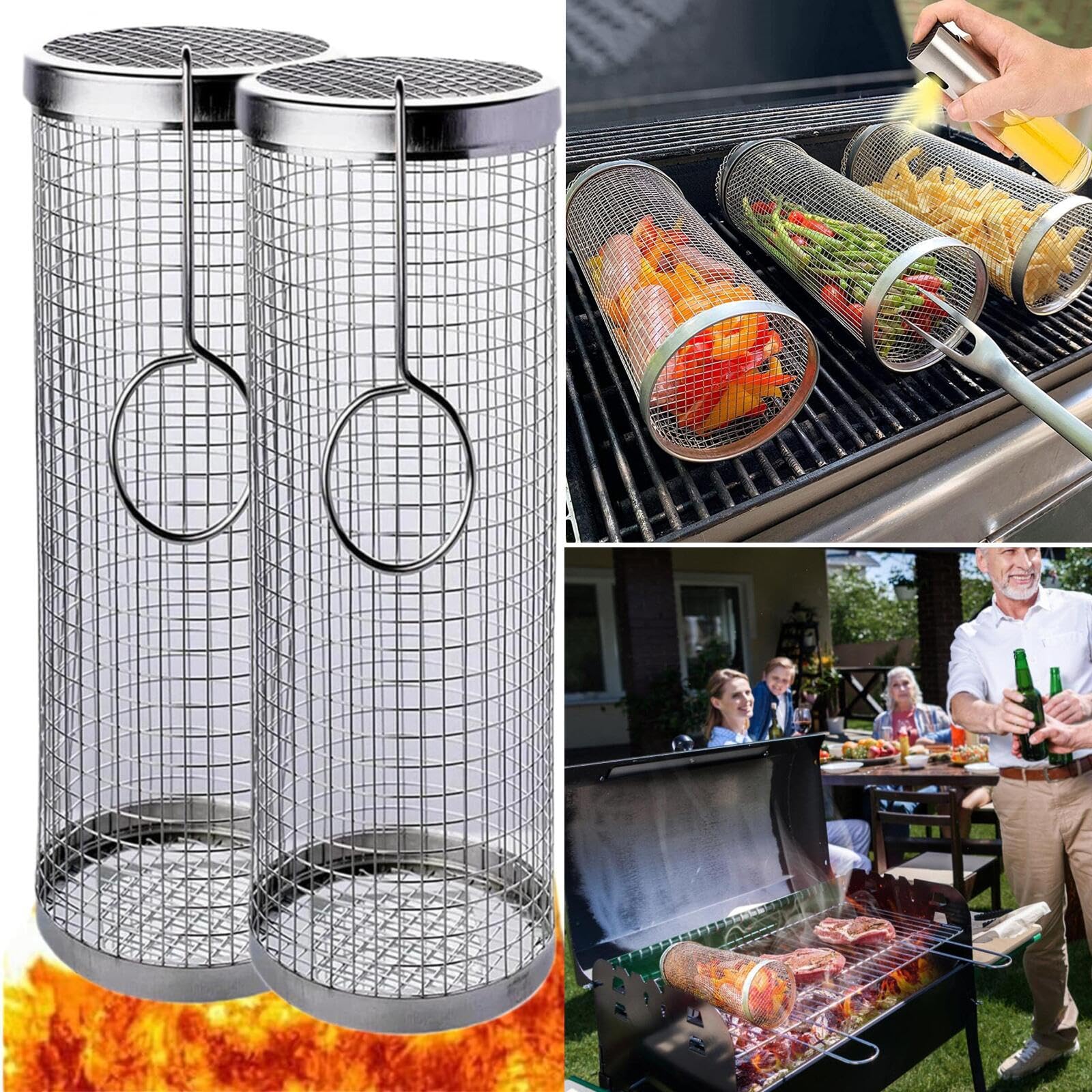 2 Pack Stainless Steel Rolling Grilling Basket - Best BBQ Grill Mesh for Vegetables, French Fries, Fish (11.8
