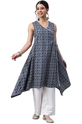 Janasya Indian Women's Navy Blue Cotton Block Print Angrakha Kurta | Traditional Ethnic Top for Festivals & Weddings | Comfortable Casual Wear for Daily Use