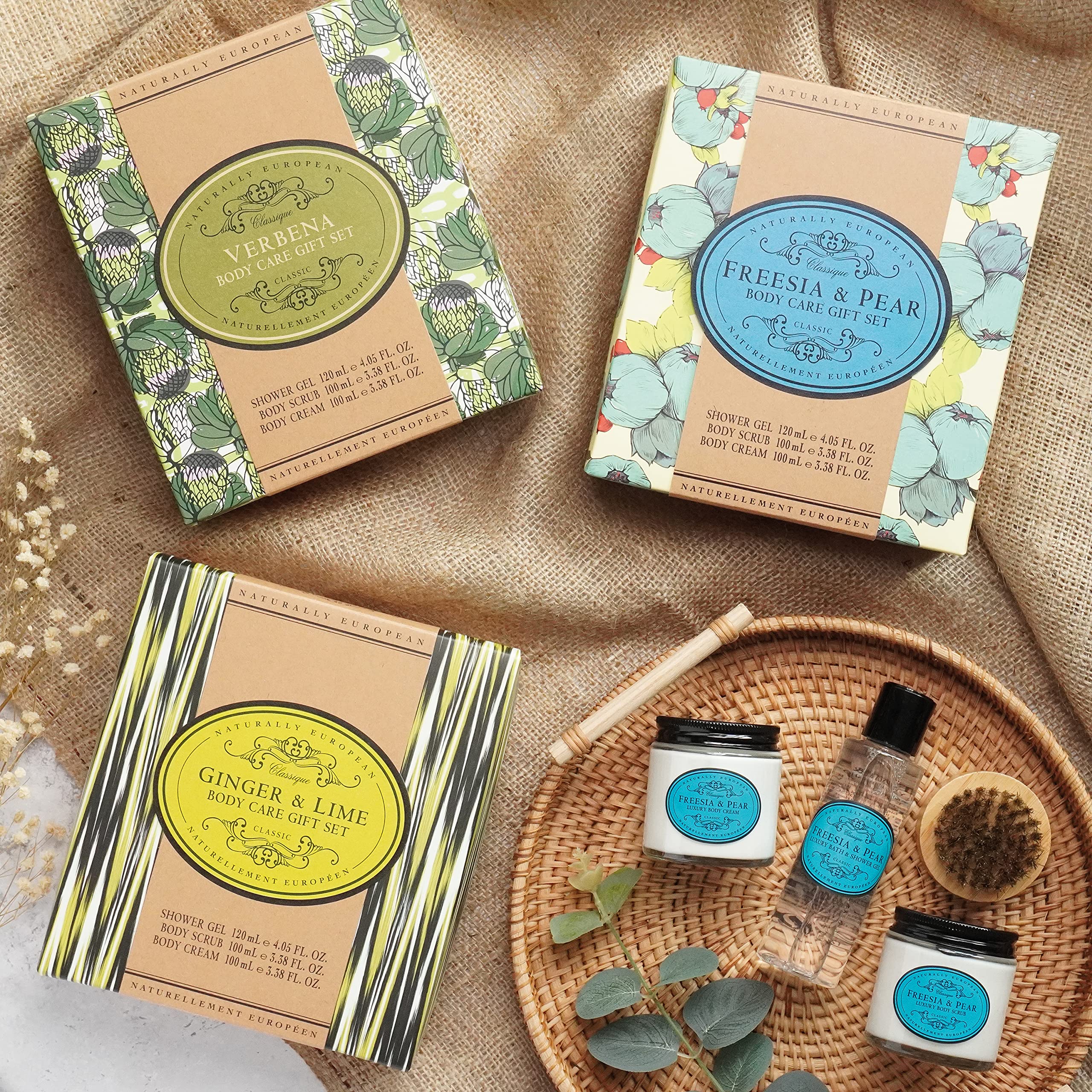 European Ginger & Lime Body Care Gift Set - Nourishing & Protective for All Skin Types | Includes 120ml Shower Gel, 100ml Body Scrub & 100ml Body Cream | Perfect for Spa Day, Self-Care & Gifting