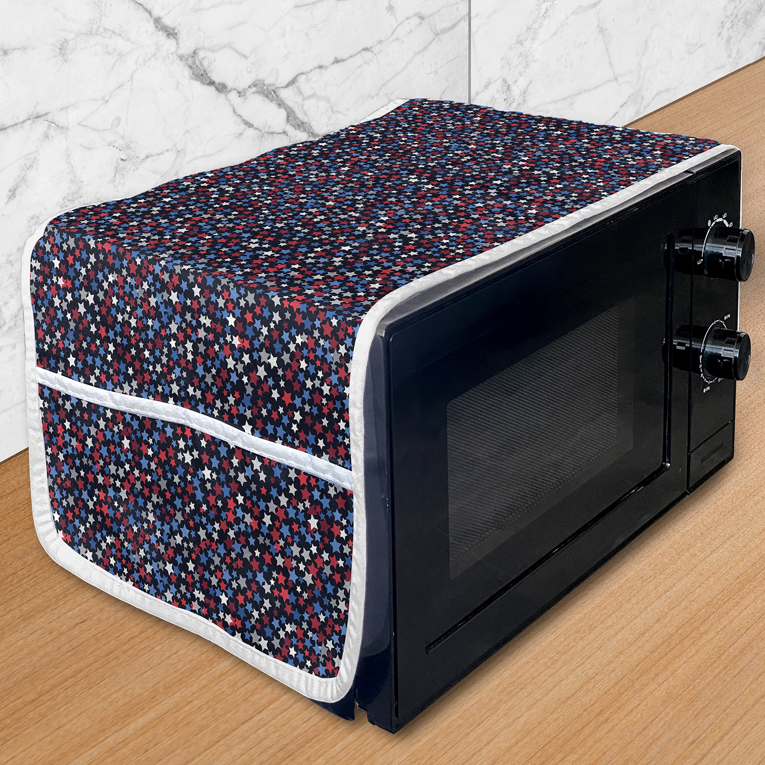 Ambesonne 4th of July Microwave Cover - Patriotic 5-Pointed Stars Print, Waterproof Kitchen Organizer with Pockets, 36x12 Inches, Navy Blue & Dark Pink | Perfect for Independence Day Decor & Holiday Kitchen Protection