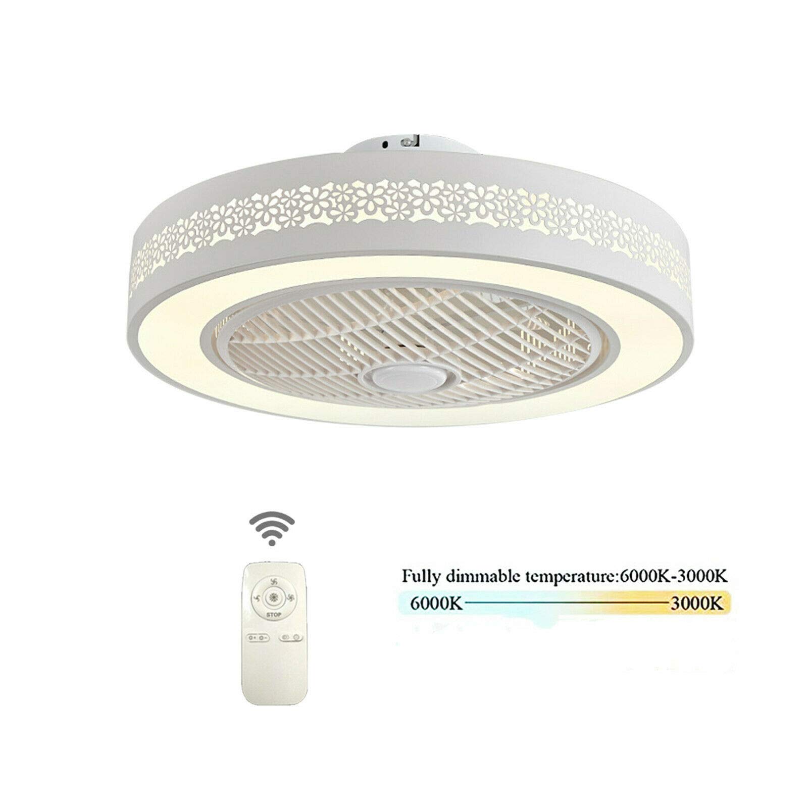 22'' Invisible Blade LED Ceiling Fan with Lights - Dimmable Remote Control, 3 Colors & 3 Speeds, 32W Modern Flush Mount Chandelier for Living Room, Bedroom, Dining Room - White
