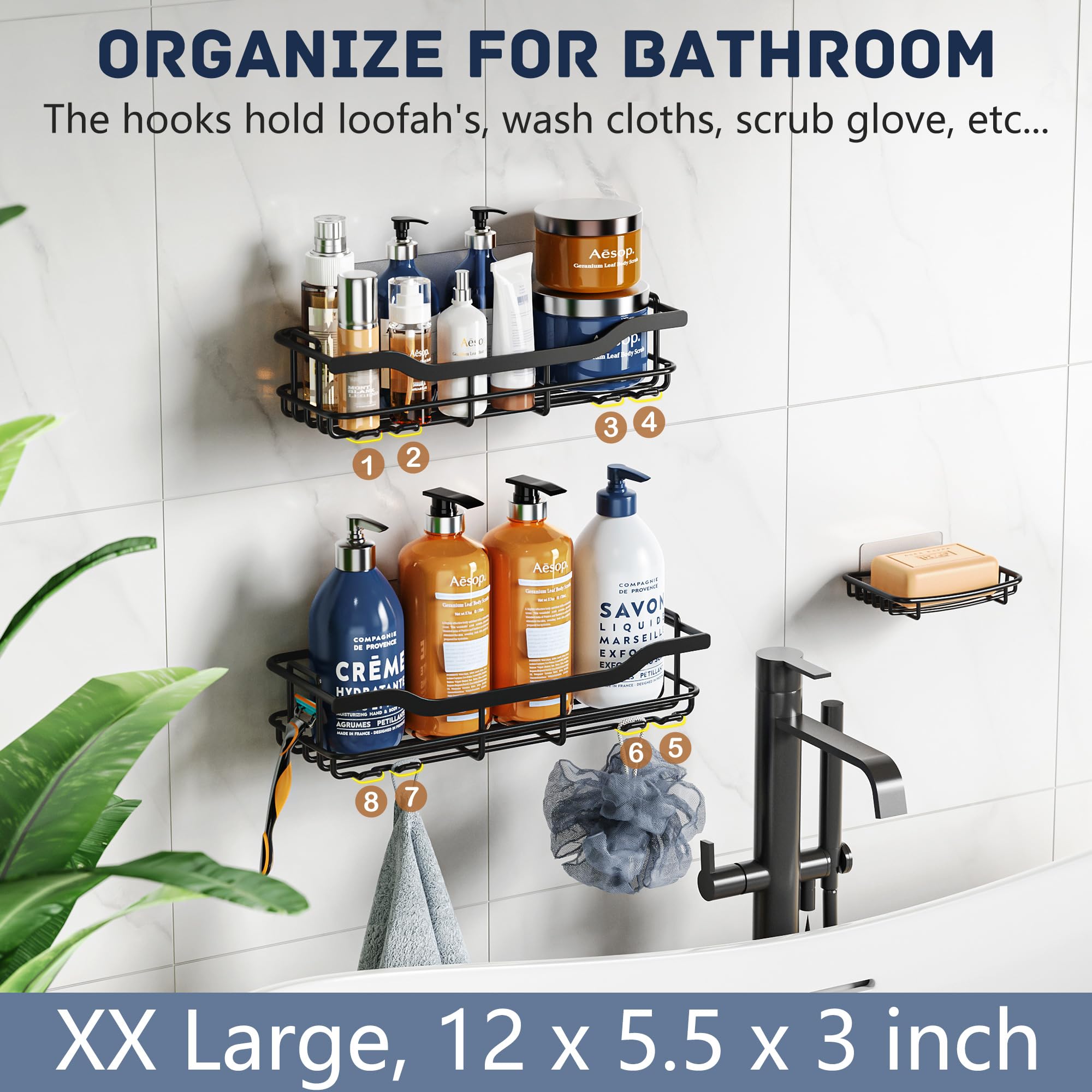 OMAIRA Adhesive Shower Caddy 3-Pack with Soap Holder - No Drill Bathroom Organizer, Wall Mounted Shower Shelf for Bathroom, Kitchen & Countertop - Black - Perfect for Small Spaces, Apartment Living & Rental Homes