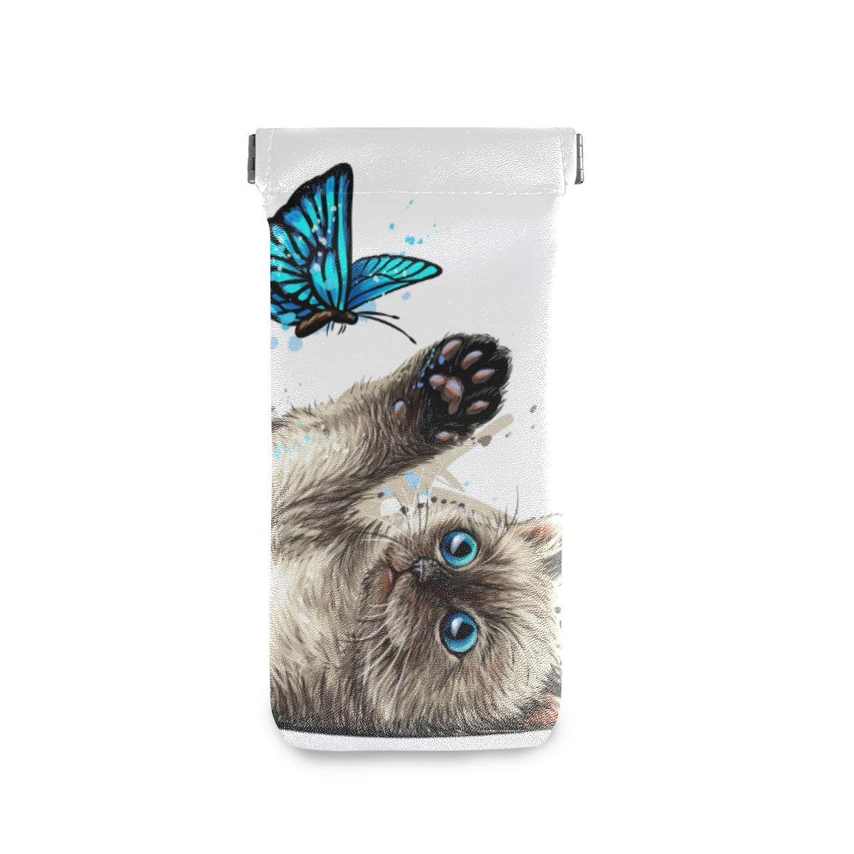 Hupery PU Leather Eyeglasses Case - Cute Kitten Catching Butterfly Design Sunglasses Pouch with Squeeze Top for Women & Men - Perfect for Travel, Work, and Daily Storage