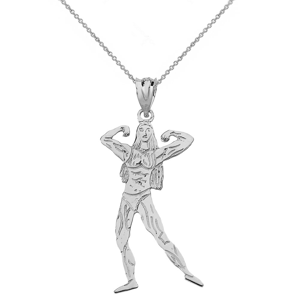 10K White Gold Bodybuilder Pendant Necklace for Women - Perfect for Gym, Workout & Fitness Enthusiasts - Elegant Sports Jewelry Gift