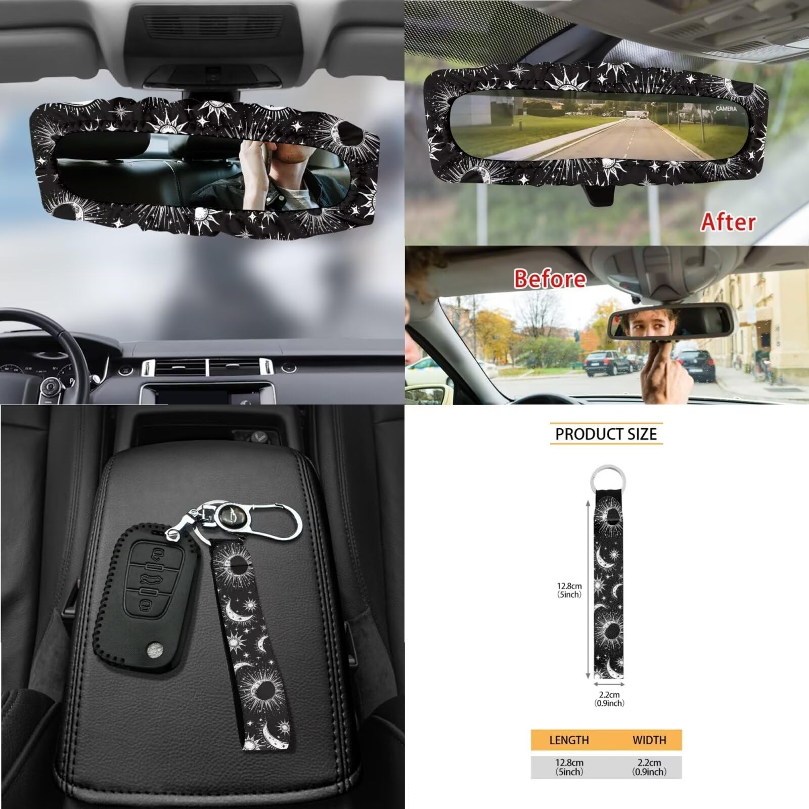 15-Piece Sun Moon Star Print Car Seat Cover Set with Steering Wheel Cover, Seat Belt Pads, Cup Coasters & More - Universal Fit for Cars, SUVs & Trucks - Stylish Auto Interior Decor for Daily Commute & Road Trips