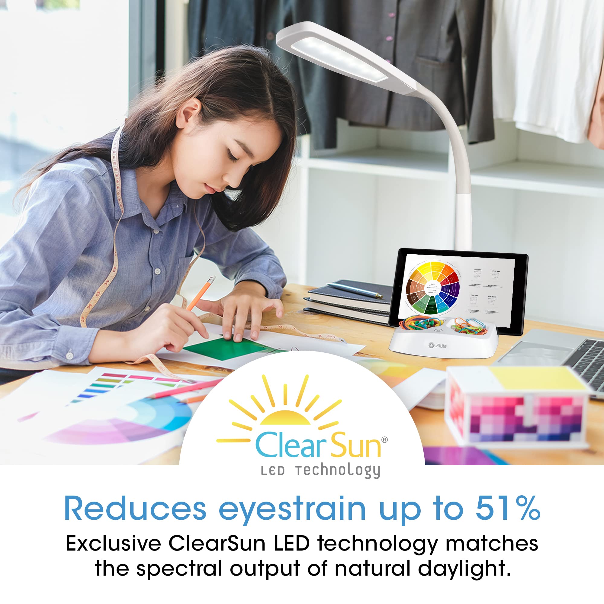 OttLite LED Desk Lamp with Tablet & Smartphone Holder - ClearSun LED Technology, Adjustable Neck, USB Charging Port & Storage Base - Perfect for Home Office, Online Tutorials, Crafting, Sewing & Remote Work