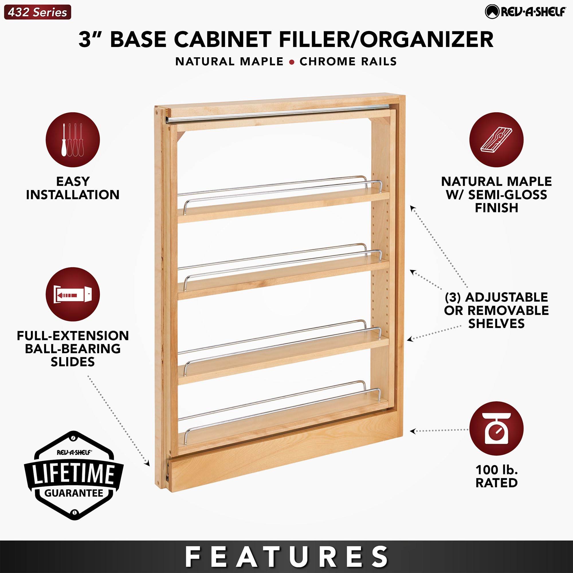 Rev-A-Shelf Pullout Shelf Organizer for Kitchen & Bathroom Cabinets - Wooden Pantry Storage & Spice Rack - Maple Finish - 3