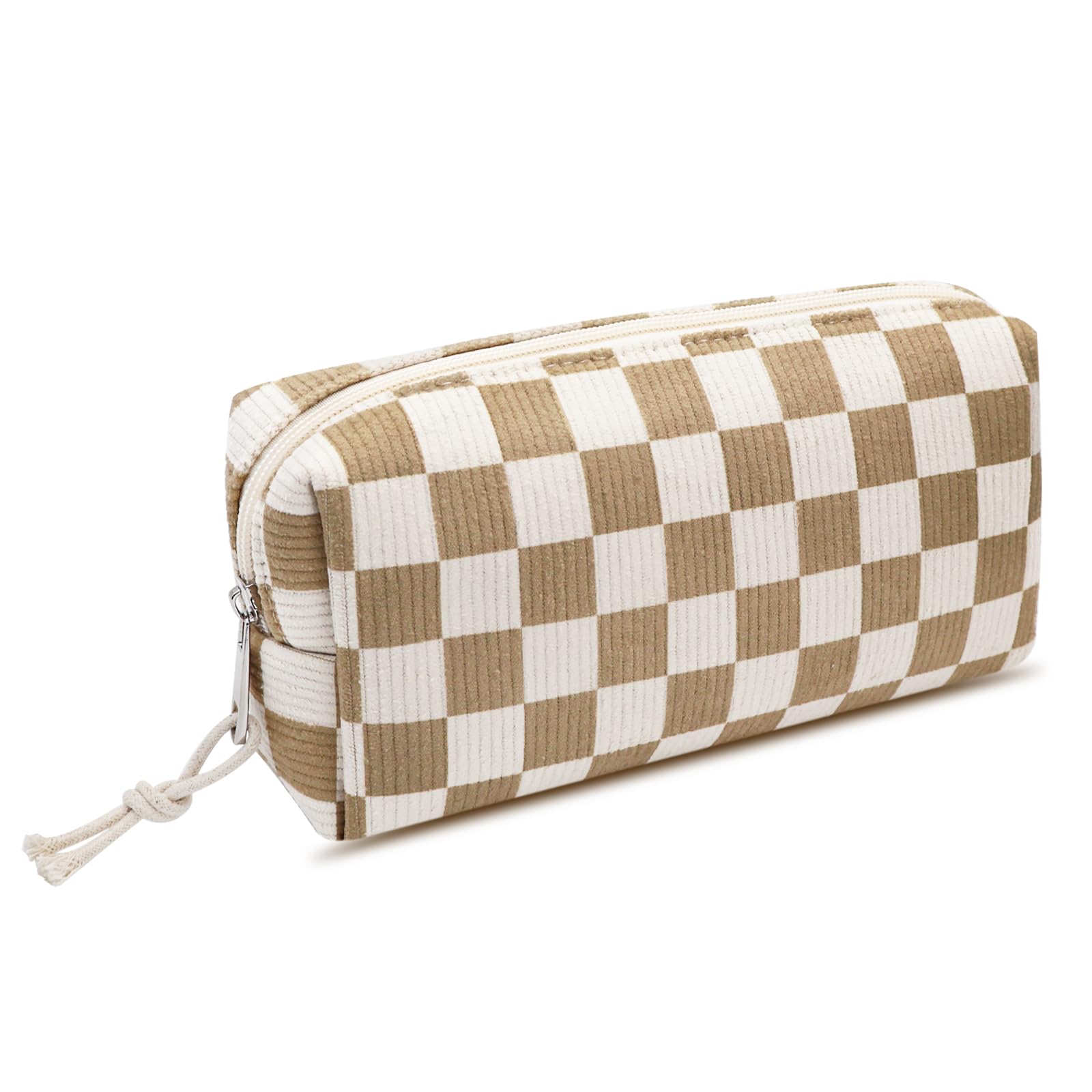 Stylish Corduroy Makeup Bag for Women - Travel Cosmetic & Toiletry Organizer with Checkerboard Design | Perfect for Brushes Storage, Gym Essentials, and Weekend Getaways