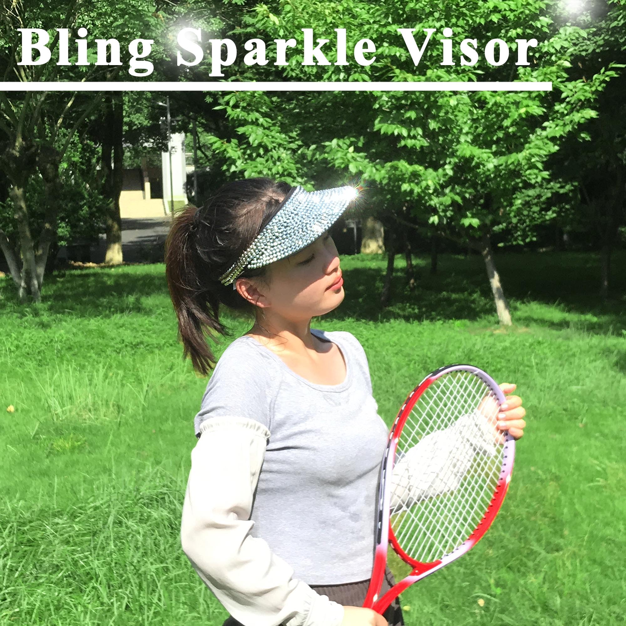 Shiny Rhinestone Clip-On Sun Visor Hat for Women & Men - Adjustable Bling Sports Summer Cap for Golf, Beach, Driving & Outdoor Activities