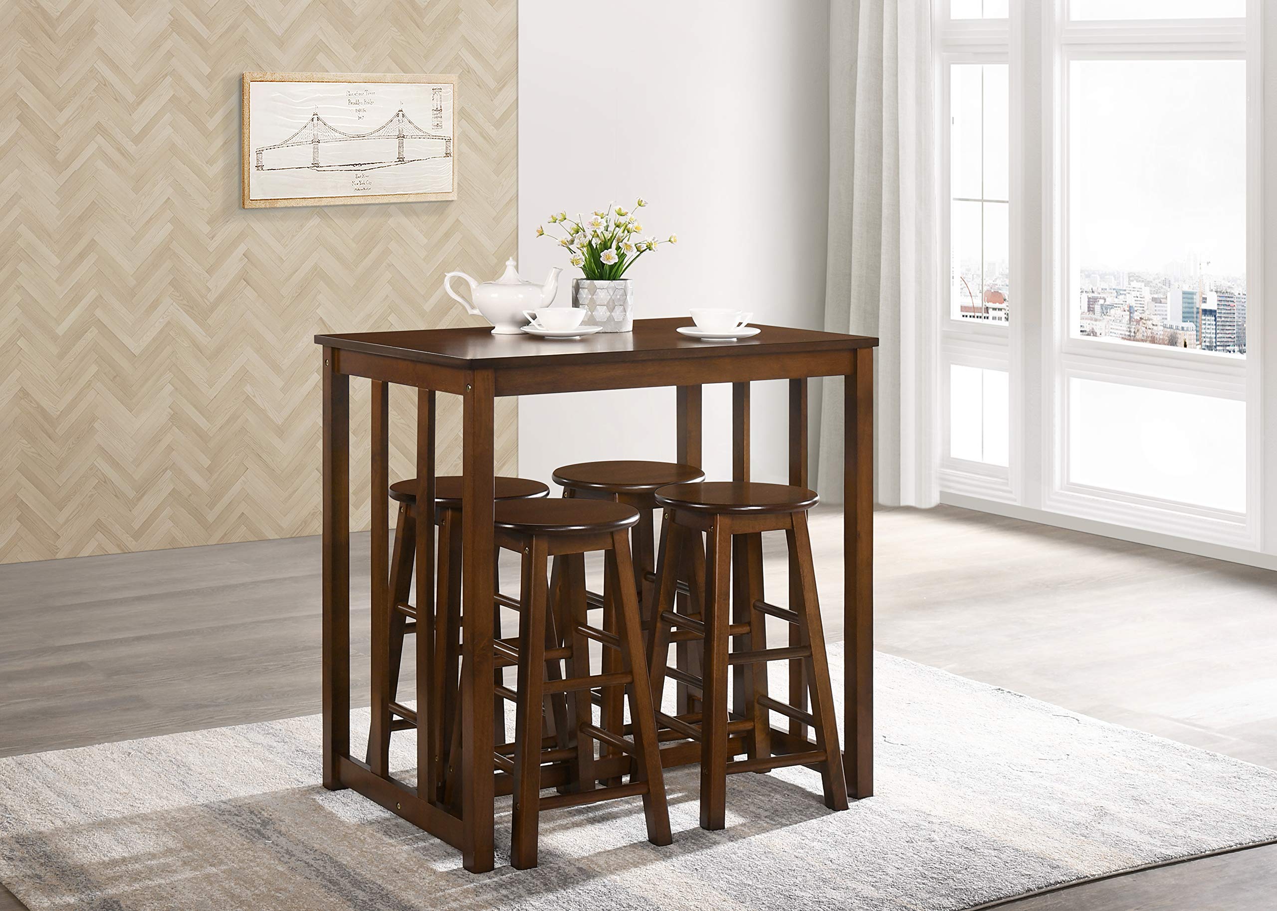 5-Piece Modern Wood Dining Table Set with 4 Chairs - Space-Saving Kitchen Breakfast Table & Pub Bar Set Including 4 Stools - Perfect for Small Homes, Apartments, Restaurants and Cafés