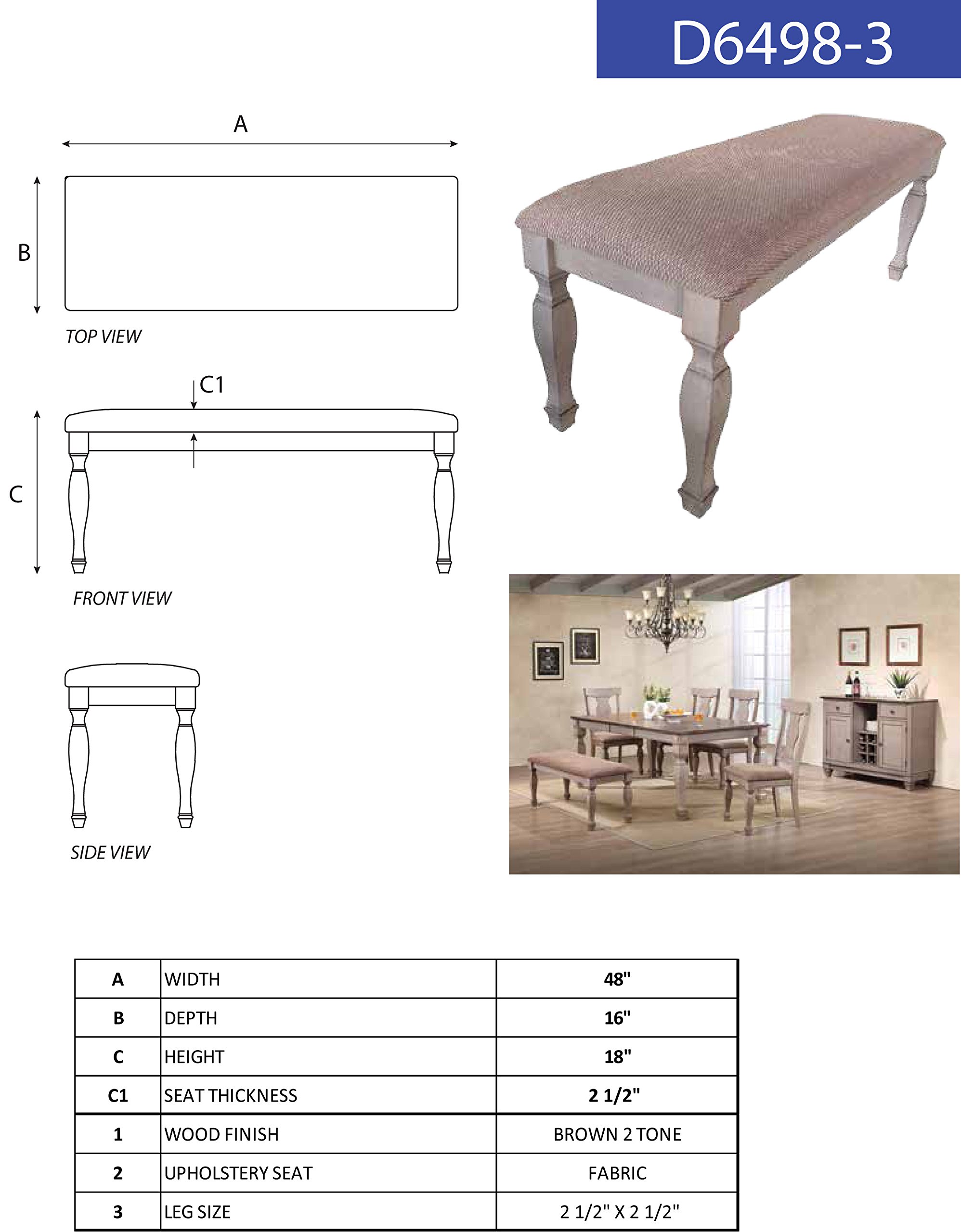 Kings Brand Almon 2-Tone Brown Wood Upholstered Dining Bench for Kitchen, Dinette & Dining Room - Perfect for Breakfast Nooks & Small Spaces