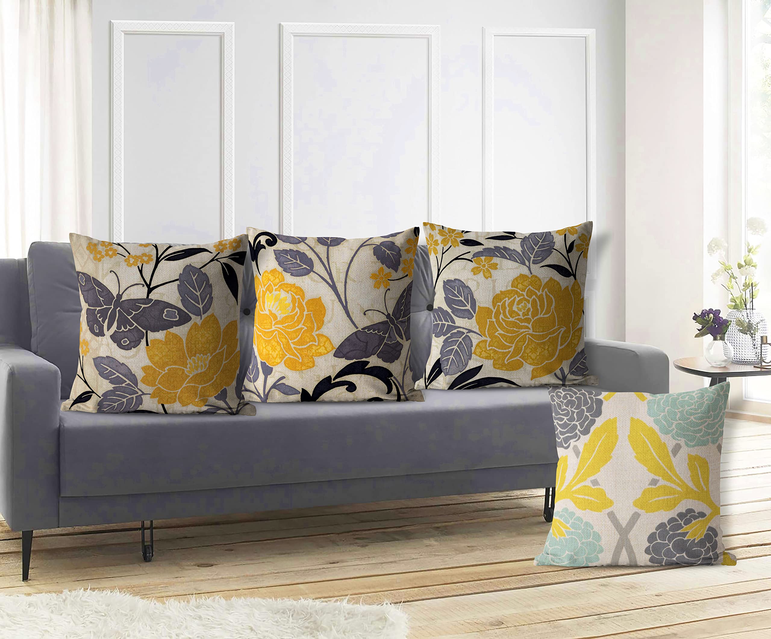 Set of 4 Blue Yellow Grey Floral Throw Pillow Covers 18x18 Inch - Farmhouse Style Cotton Linen Cushion Cases for Sofa, Living Room, Bedroom Decor - Perfect for Home, Gift & Indoor Farmhouse Decor