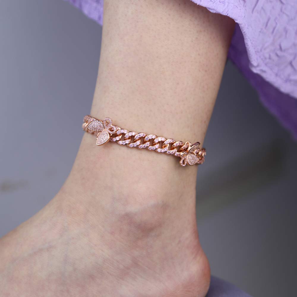 2020 Summer New Iced Out Silver Color 10mm CZ Cuban Link Chain Butterfly Anklet For Women - Elegant Jewelry for Beach Parties, Weddings & Everyday Wear