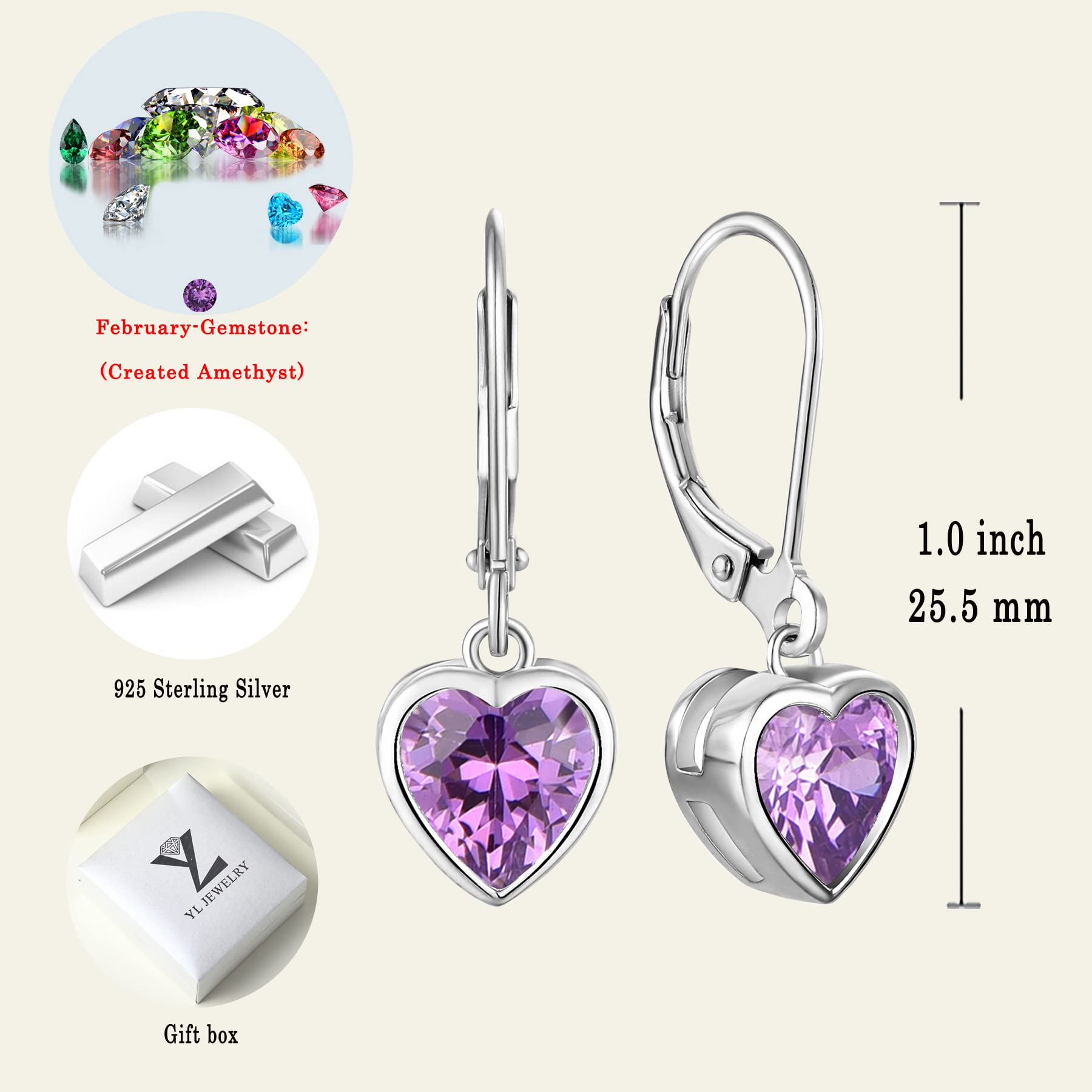 925 Sterling Silver Heart Cut Solitaire Dangle Drop Earrings with Birthstone - Leverback Jewelry for Women | Perfect for Valentine's Day, Anniversary Gifts & Everyday Elegance