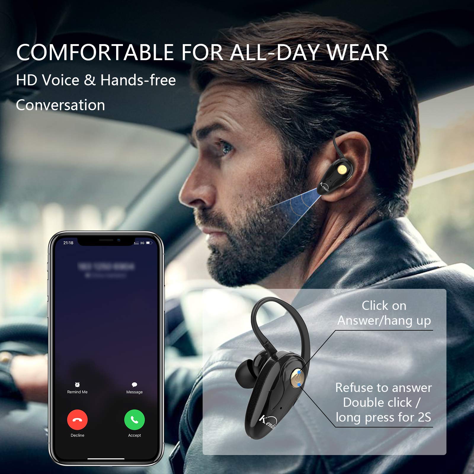 Wireless Bluetooth Headset V5.0 - Ultra Lightweight Earbuds with Built-in Mic, Volume Control & Carrying Case | Hands-Free for Calls, Music | Compatible with Android, iPhone, Smartphones & Laptops | Perfect for Workouts, Commuting & Office Use