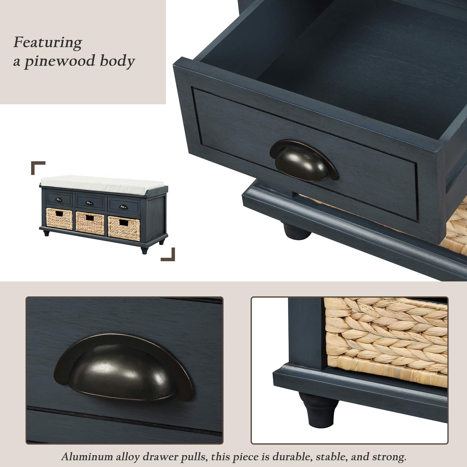 Rustic Entryway Storage Bench with Drawers & Baskets - for Shoes & Living Room Storage
