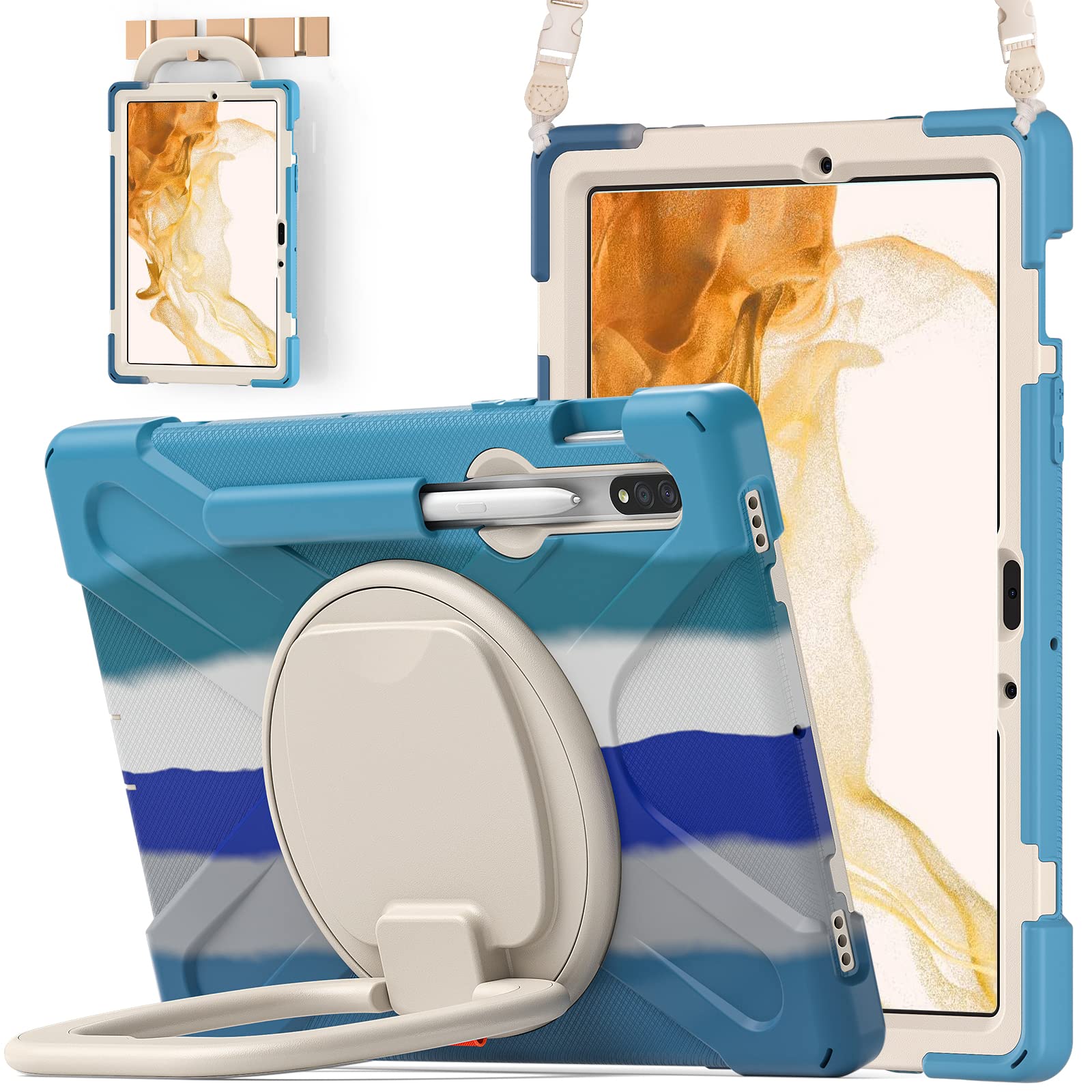 BATYUE Shockproof Rugged Case for Samsung Galaxy Tab S7 (2020)/S8 (2022) 11 inch - Protective Cover with Pencil Holder, Rotating Stand & Shoulder Strap for SM-T870/T875/X700/X706 - Durable Blue Tablet Case for Work, Travel & Outdoor Use