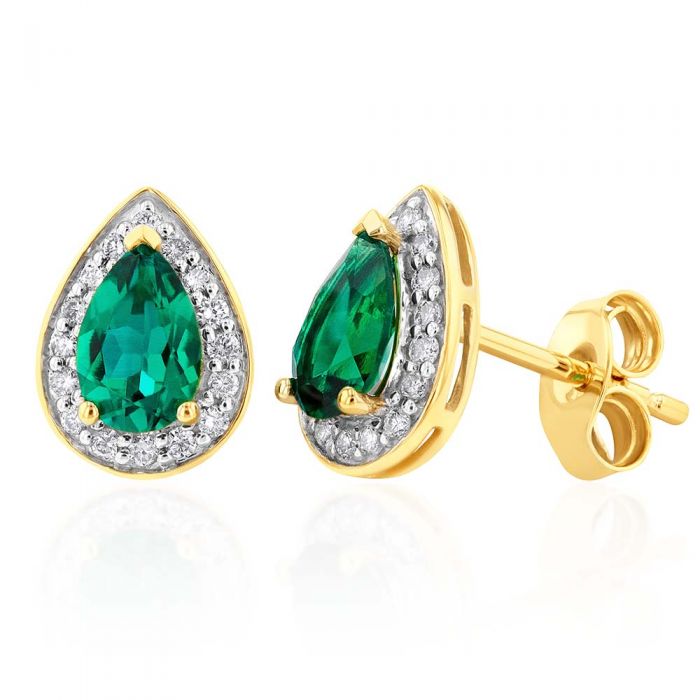 9ct Yellow Gold 6x4mm Lab-Created Emerald and Diamond Pear Halo Stud Earrings for Women - Elegant Gift for Birthday, Anniversary & Special Occasions