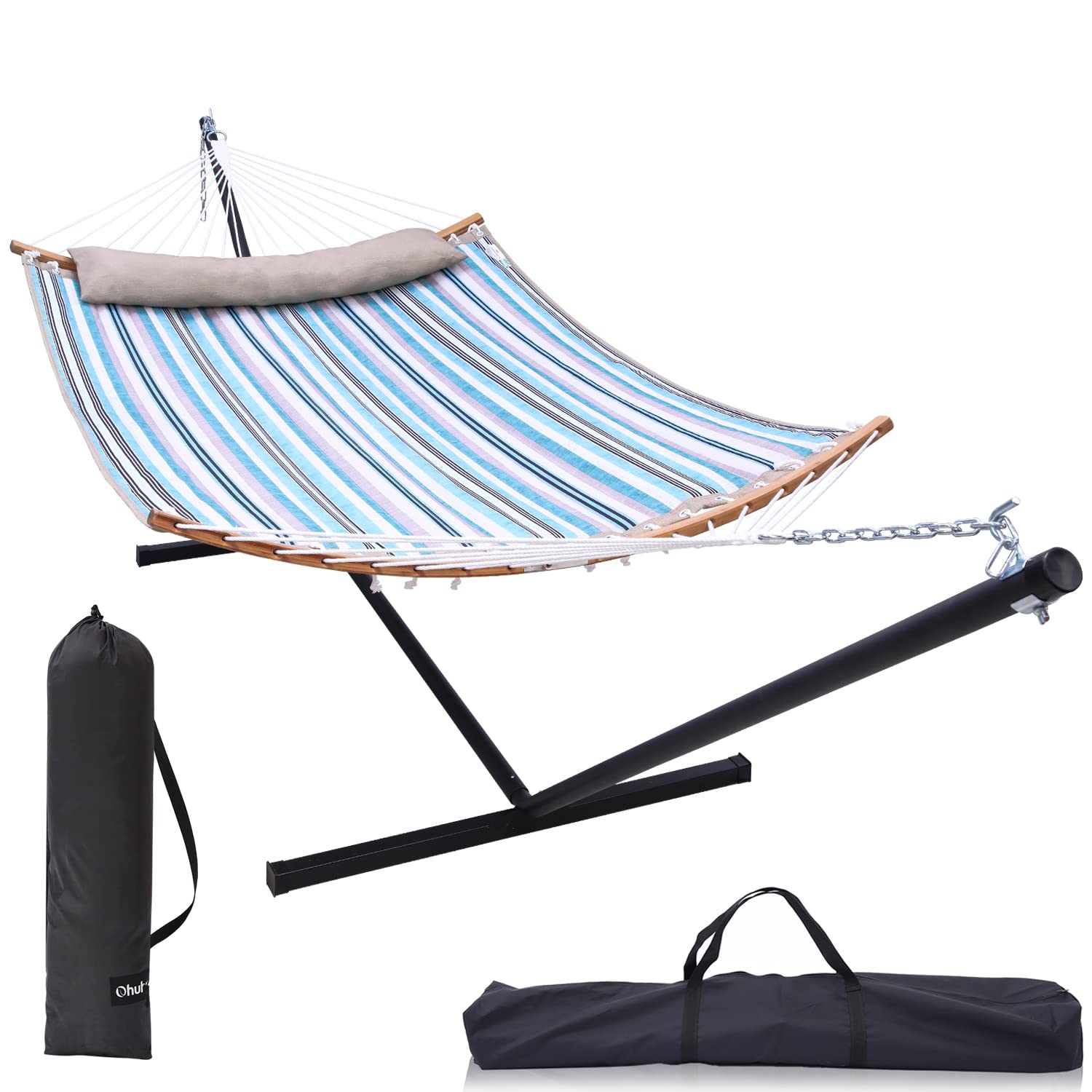 Ohuhu Double Hammock with Stand - 55x75 Inch 2 Person Hammock with Quilted Fabric & 12.3 FT Steel Stand, Portable Outdoor Hammock with Curved Bar Pillow & Carrying Bag (450 LB Capacity) - Perfect for Backyard, Patio, Camping & Beach Relaxation