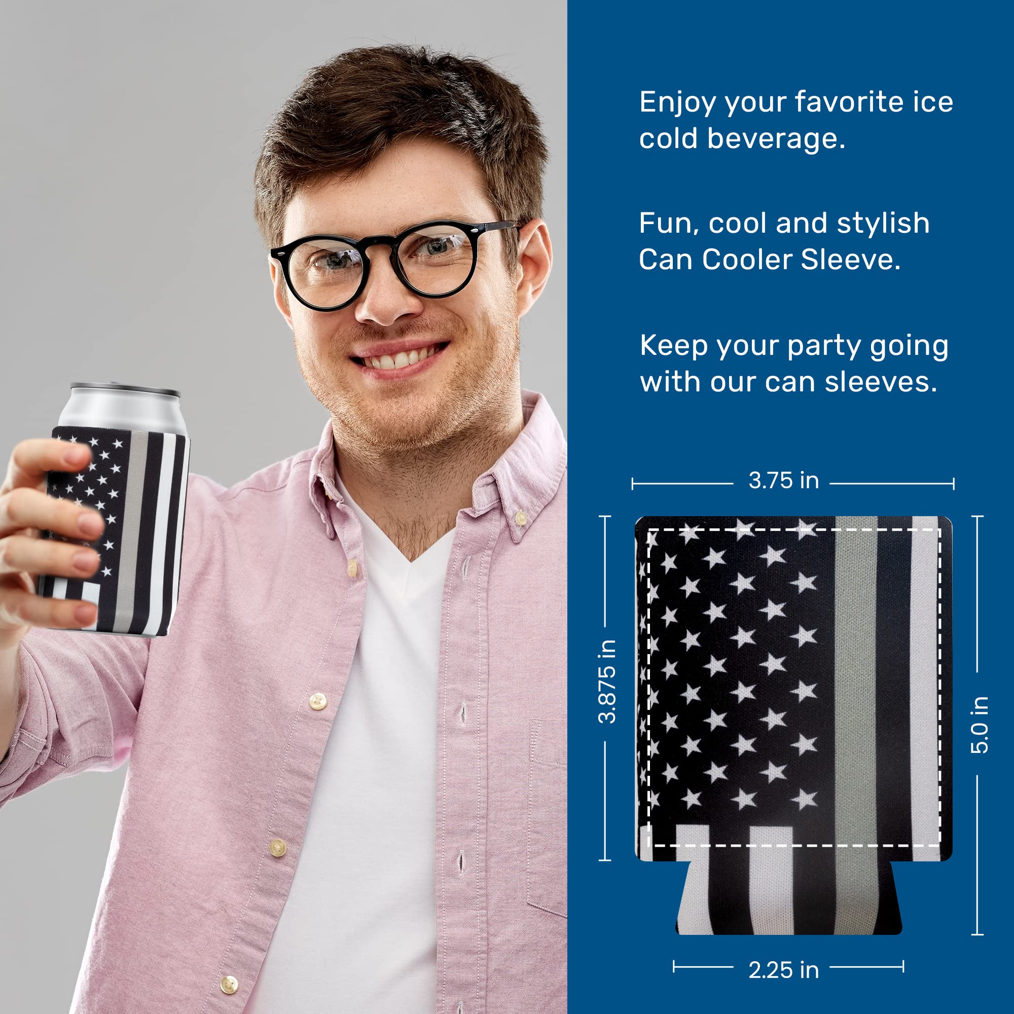 Premium Neoprene Can Cooler Sleeve for 12 Oz Soda & Beer - 6 Pack Insulated Collapsible Drink Holders with Thin Grey Line American Flag Design - Perfect for BBQs, Tailgating, and Outdoor Parties