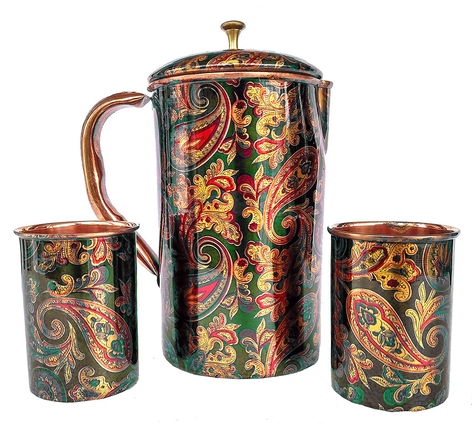 Handmade Screen Printed Pitcher and 2 Tumbler Set - Traditional Indian Jug and Glass Serving Set (1 Pitcher + 2 Glasses) - Perfect for Chai, Lemonade, and Summer Beverages