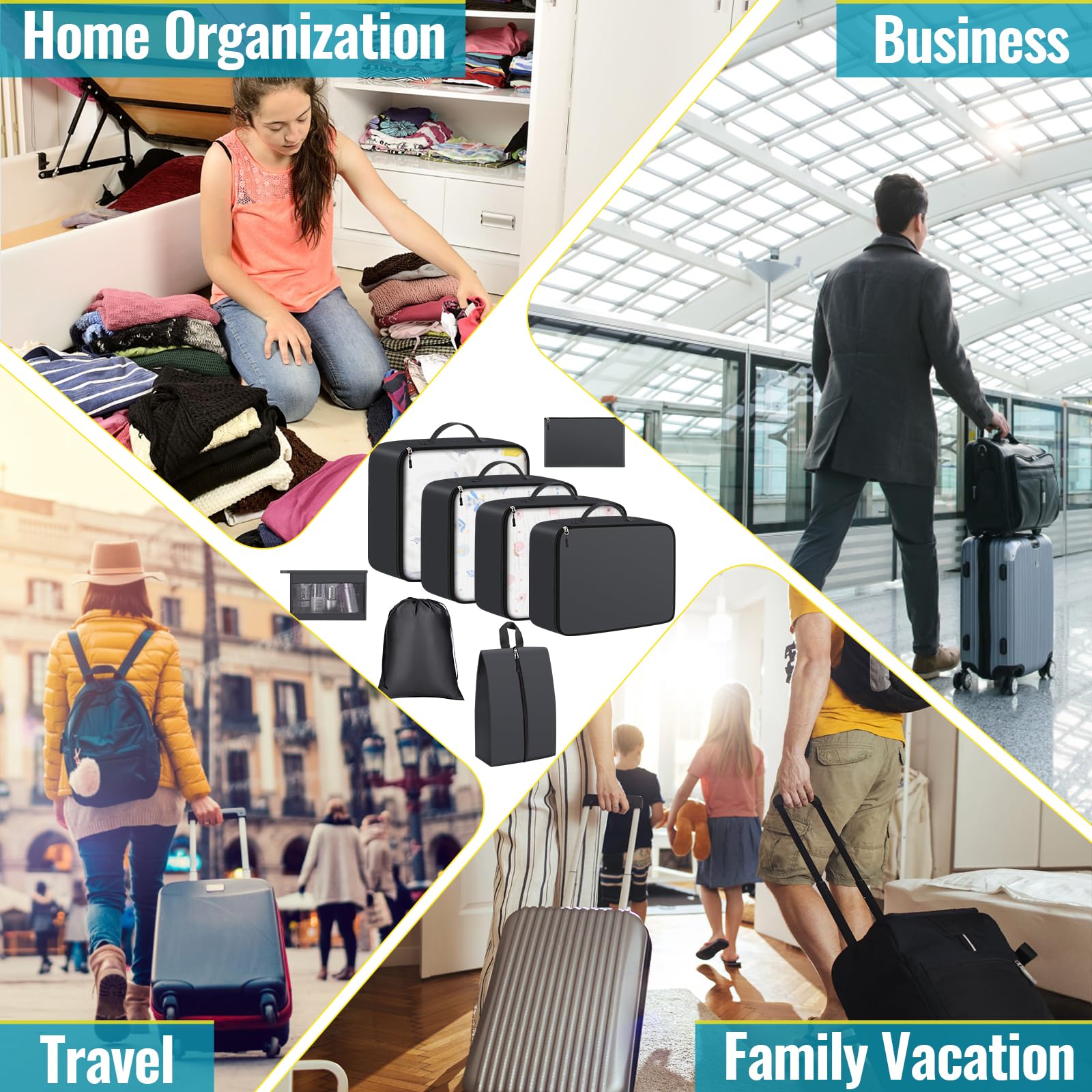 8-Piece Packing Cubes Set for Suitcases - Foldable Travel Organizer Bags with Luggage Compartments (Grey) | Perfect for Business Trips, Vacations & Backpacking
