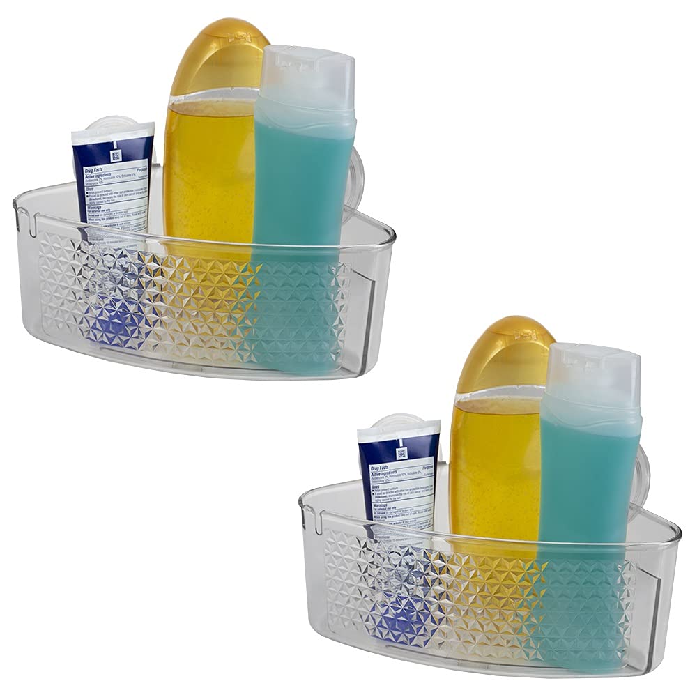 Large Clear Plastic Corner Shower Caddy with Suction Cups - Home Basics Cubic Pattern Bathroom Organizer (2-Pack) | Perfect for Small Showers & Apartment Bathrooms