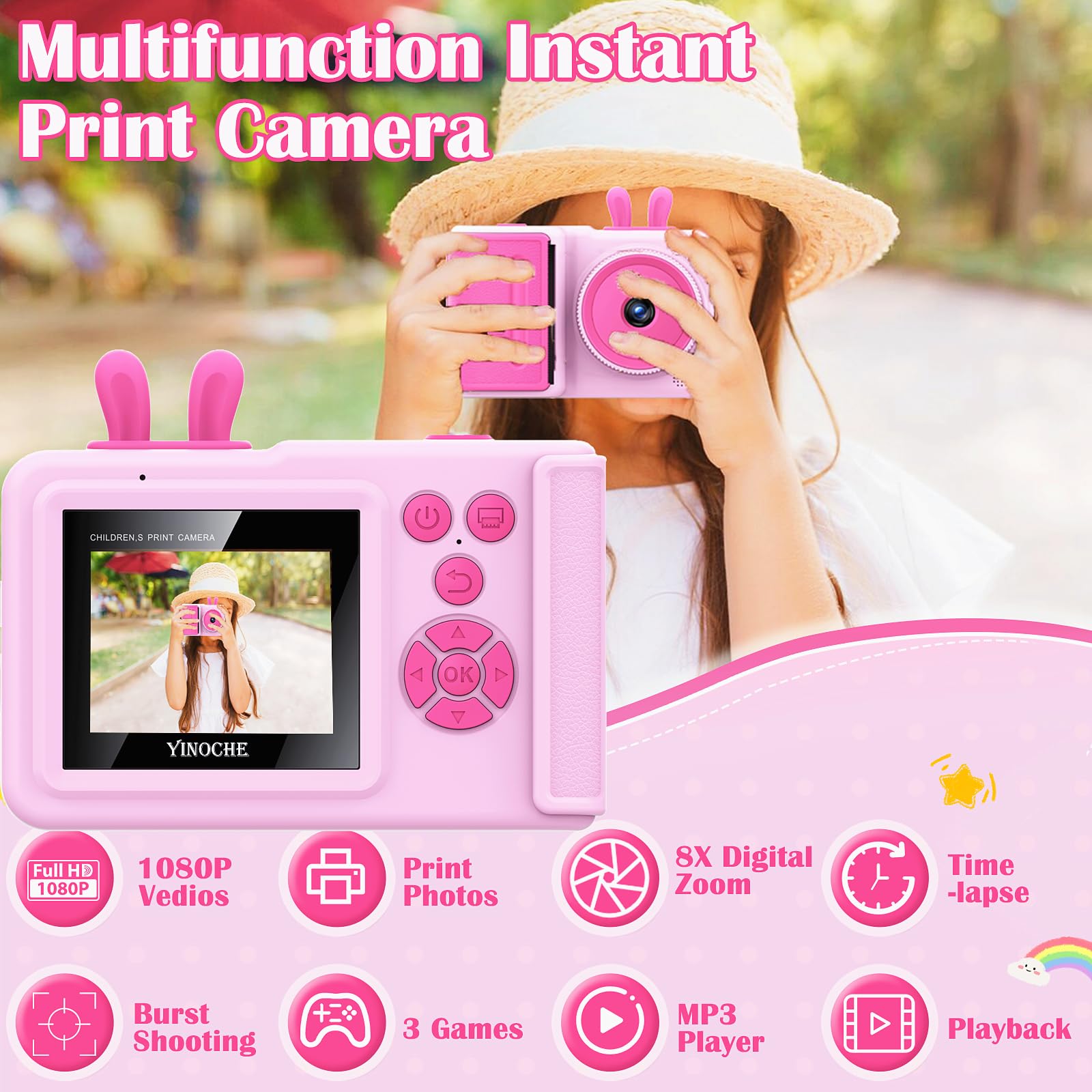 YINOCHE Kids Instant Print Digital Camera - Printable Photo Camera Toy for Boys & Girls Ages 3-14 | Birthday Gift for Kids | Fun for Parties, Travel & Creative Play (Pink)