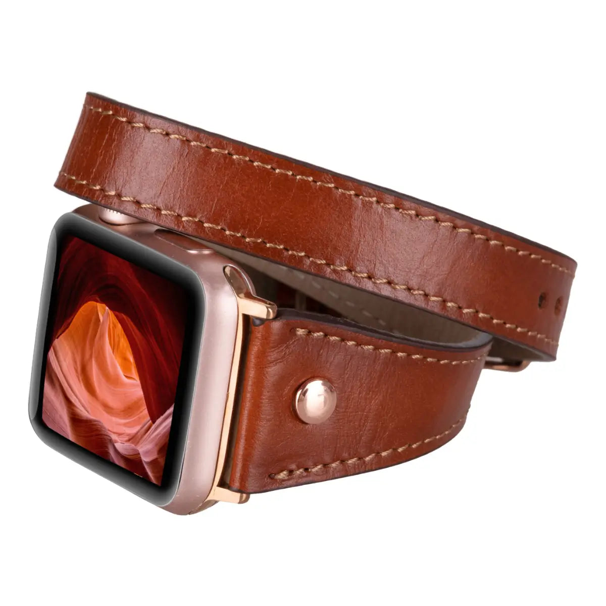 Burnished Tan Leather Double Tour Slim Apple Watch Band with Gold Rivet - Stylish & Durable Replacement Strap for Work, Travel & Everyday Wear