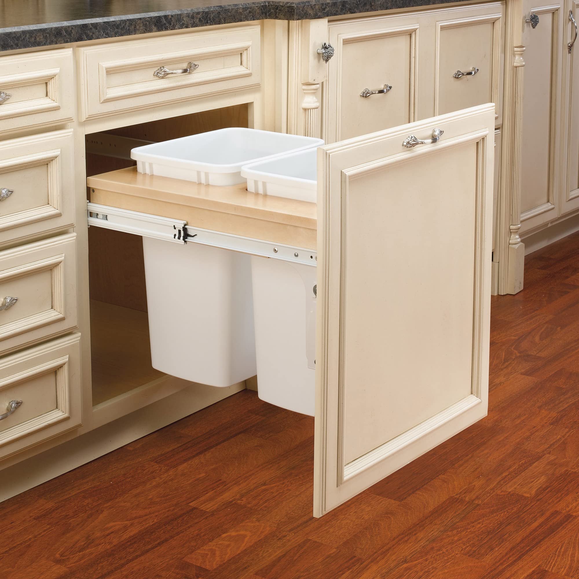 Rev-A-Shelf 35 Qt Double Pullout Trash Can - White Wood Top Mount Garbage Bin for Kitchen & Bathroom Cabinets, 18