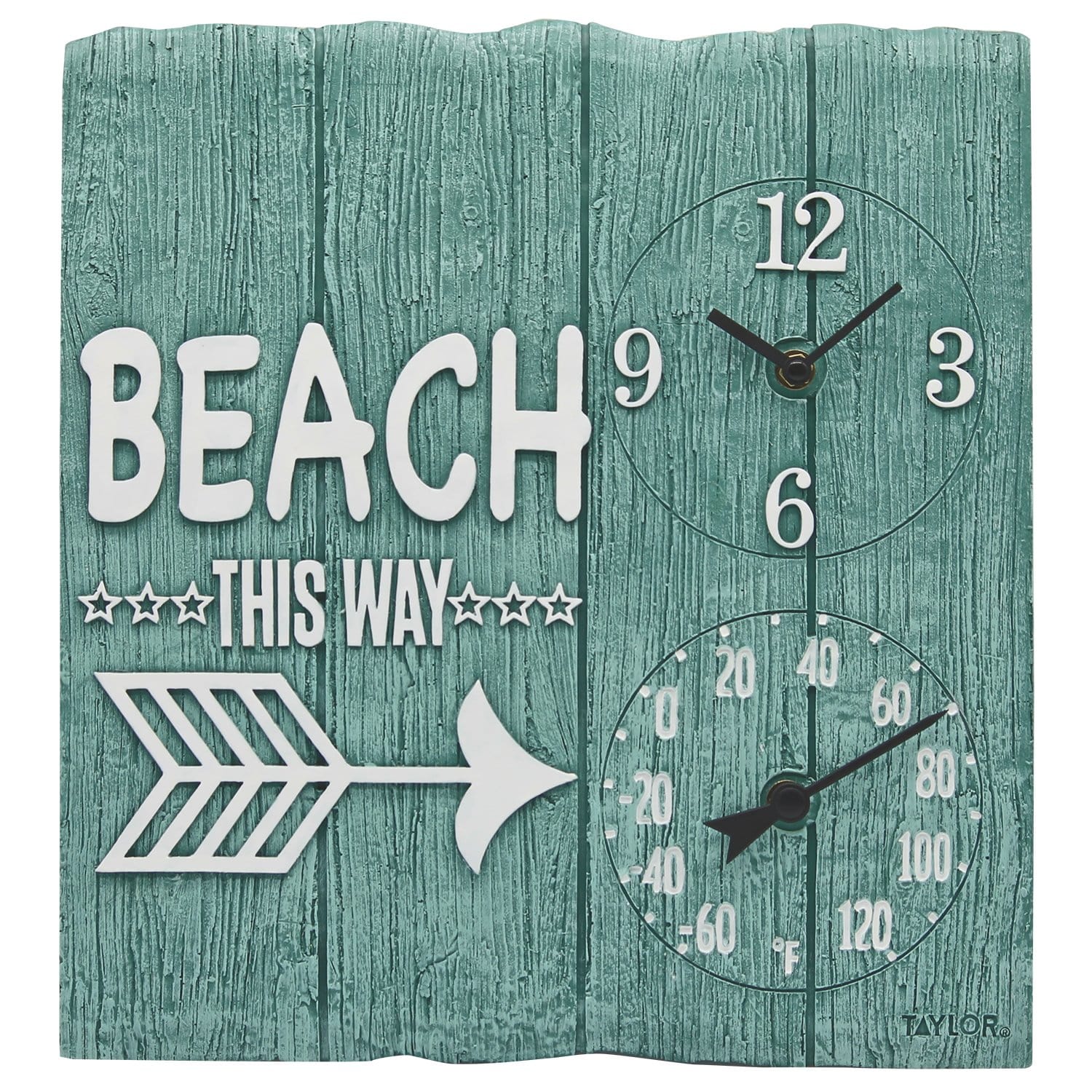 14x14 Beach This Way Wall Clock with Thermometer - Coastal Decor for Home, Office, or Beach House - Perfect for Living Room, Bedroom, or Outdoor Spaces