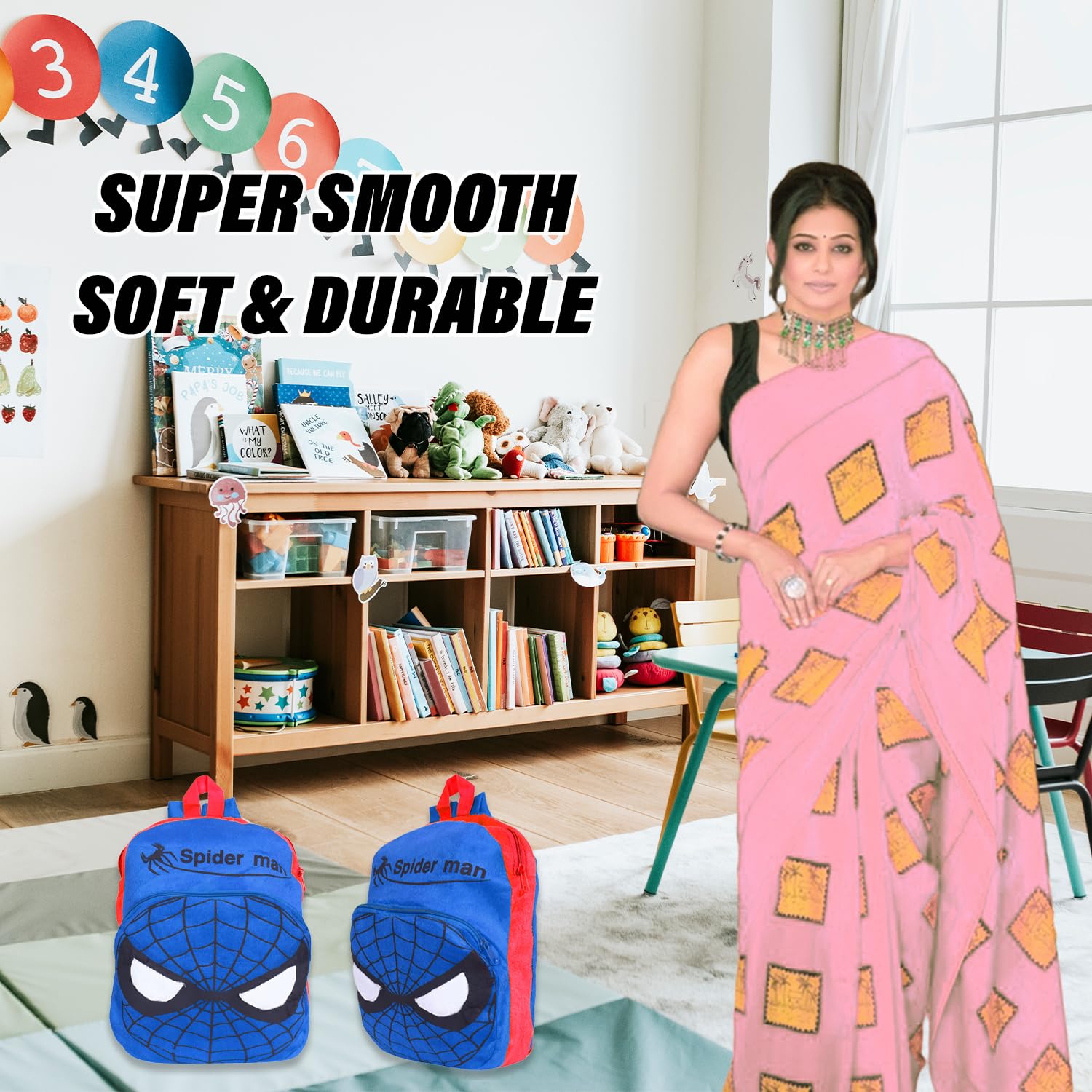 Kuber Industries Marvel Spider-Man Kids School Backpack - Velvet Book Bag for Boys & Girls - Single Compartment Student Backpack (Blue) - Perfect for School, Travel & Daily Use