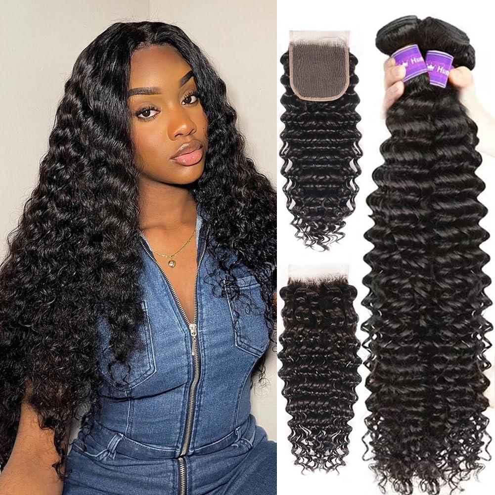 100% Brazilian Virgin Human Hair Bundles with Lace Closure - 3 Bundles Deep Curly/Deep Wave Weave (16 18 20+14 Inch, Free Part) - Natural Color for Black Women | Perfect for Protective Styles, Wig Making & Everyday Wear